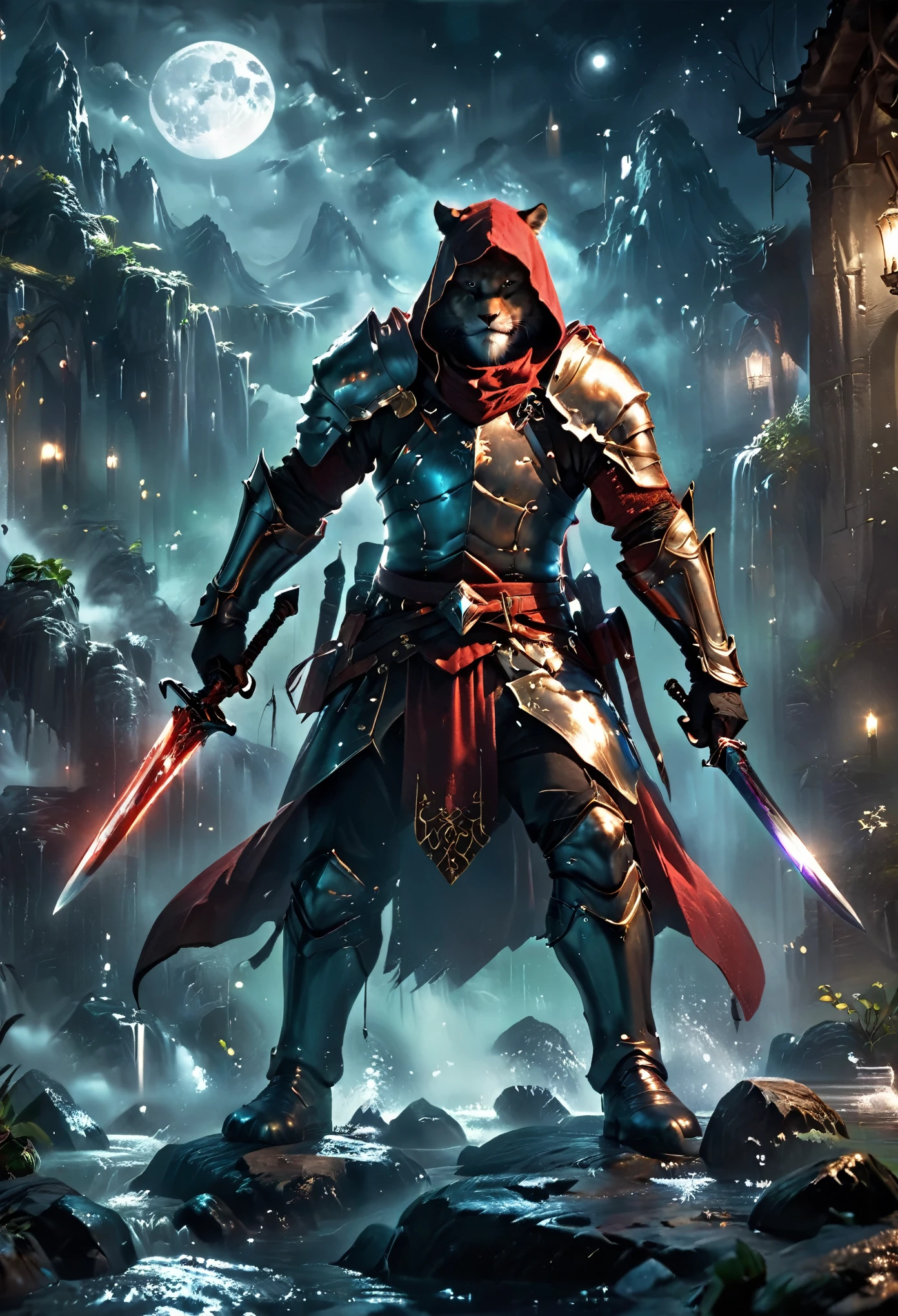 ((a sworn cougar, sworn outfit with hood and sword, dynamic pose, EPIC:1.5)), ((dark background, moonlight night:1.4)), (masterpiece),(Best quality:1.0), (Ultra-high resolution:1.0), detailed painting, intricate, underwater landscape, (( magical, Beautiful, otherworldly:1.4 )), (( Best quality, vibrant, 32K, well-defined light and shadows)). without text:1.3.