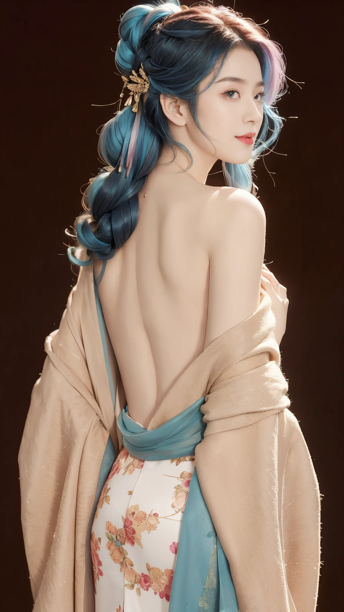 highly detailed, 8K, masterpiece, 1 girl, blue pink_hair, nude, Smile, (perfect_Face), boundary, close up, mad, exist_Back, Gorgeous, complex, dramatic lighting, 4K, detailed_Background, Caustics, full_Body,