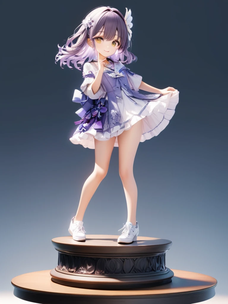 3D figure, very cute and bautiful anime girl, (head-to-body-ratio-is-one-to-three:4.0), (Intricate Iris Details,Depth and Dimension in the Pupils:4.5), (masterpiece:1.2), (best quality),(ultra detailed),(extremely detailed),(absolutely resolution) ,absurdres,8k,
BREAK,a photo of an figure, full body, high quality photo, simple and flat background,
BREAK, solo, gradation hair, messy hair, blowing kiss, grin, standing-on-pedestal,