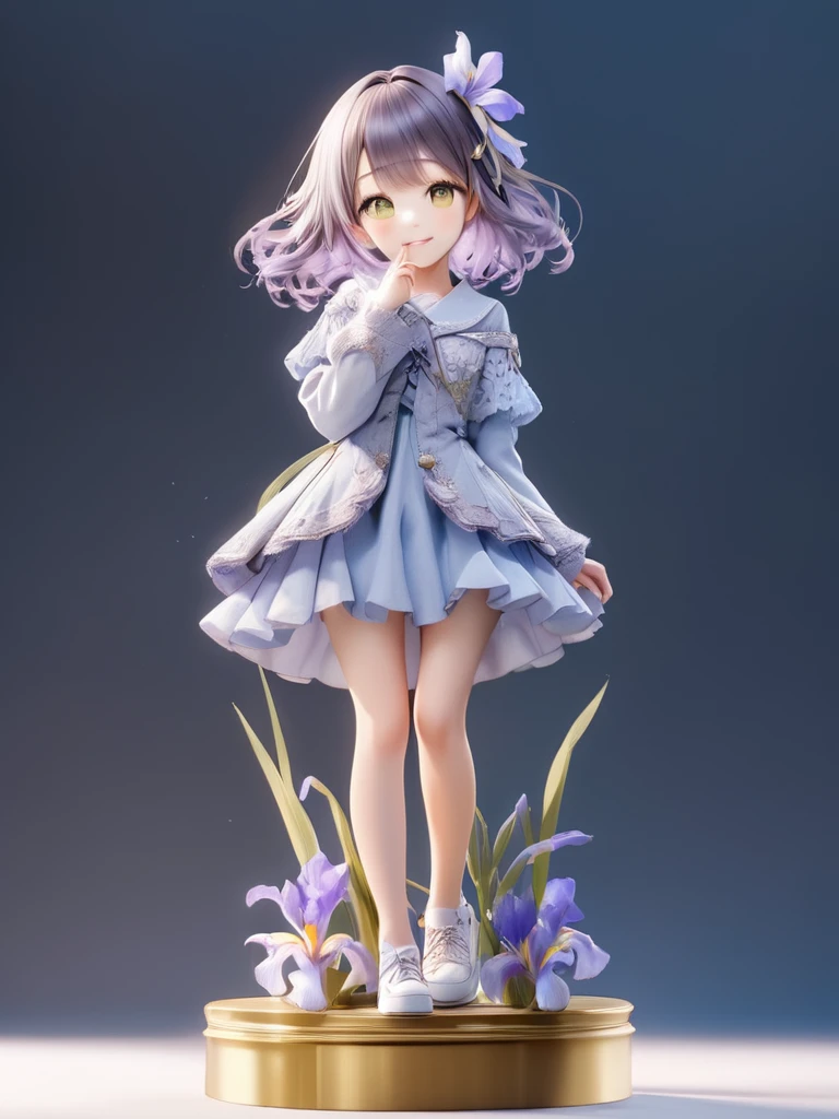 3D figure, very cute and bautiful anime girl, (head-to-body-ratio-is-one-to-three:4.0), (Intricate Iris Details,Depth and Dimension in the Pupils:4.5), (masterpiece:1.2), (best quality),(ultra detailed),(extremely detailed),(absolutely resolution) ,absurdres,8k,
BREAK,a photo of an figure, full body, high quality photo, simple and flat background,
BREAK, solo, gradation hair, messy hair, blowing kiss, grin, standing-on-pedestal,