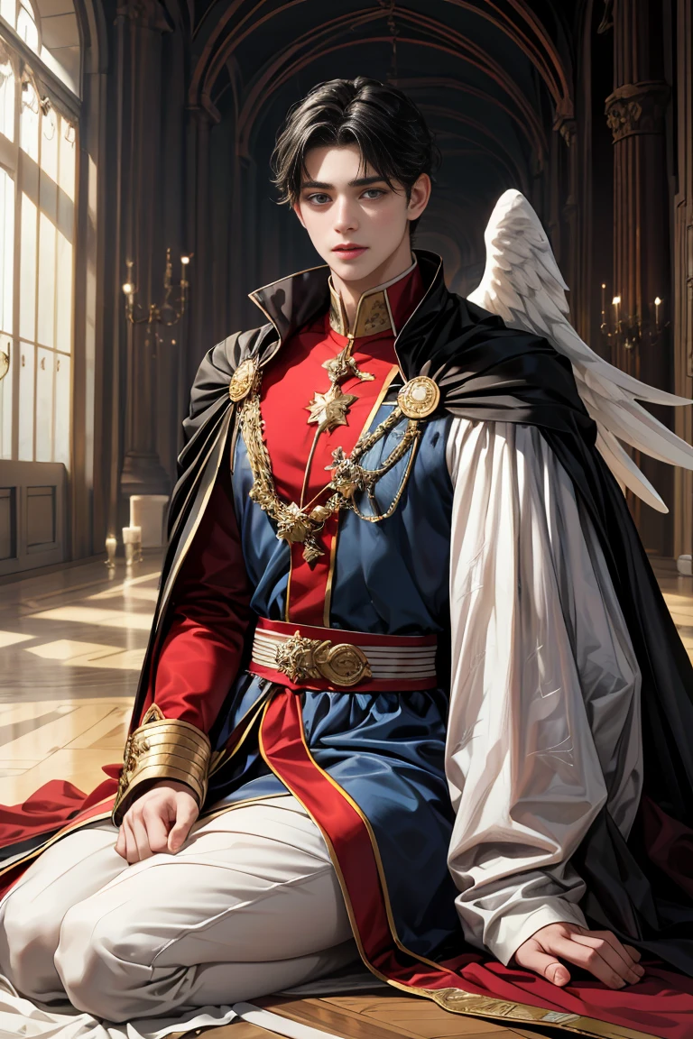 masterpiece, 最high quality, high quality, 1 boy, alone, Male focus, Watching the audience, Messy black hair, blue adorable big eyes, White, Noble, Noble, Beautiful angel、A very big, very big, very big, very long, long red and black cape made with a lot of fabric that reaches all the way down to the floor, ,cute beautiful boy,cute cute handsome boy