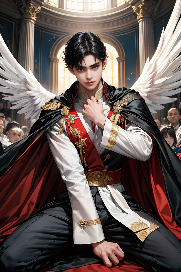 masterpiece, 最high quality, high quality, 1 boy, alone, Male focus, Watching the audience, Messy black hair, blue adorable big eyes, White, Noble, Noble, Beautiful angel、A very big, very big, very big, very long, long red and black cape made with a lot of fabric that reaches all the way down to the floor, 17 years old,cute beautiful boy,cute cute handsome boy