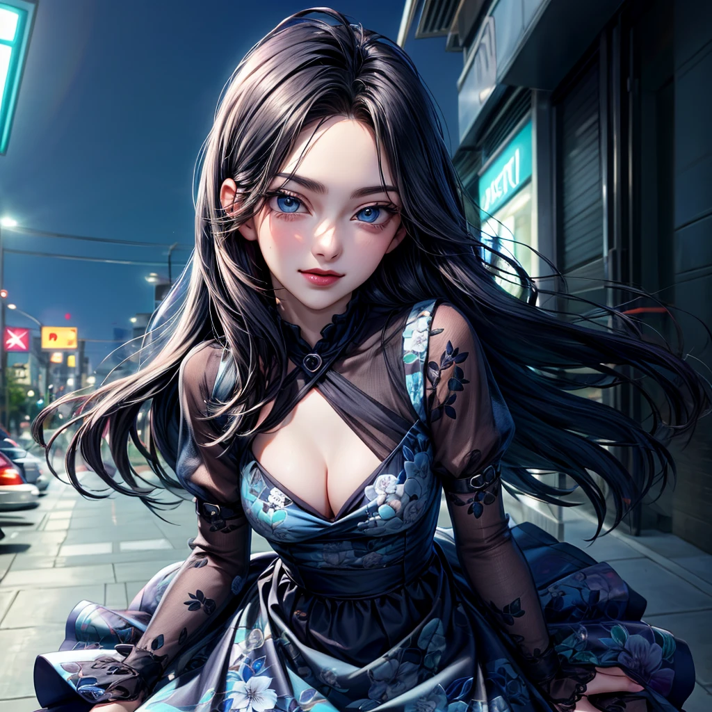 1 woman of 30 years old, {{{long black hair}}}, {{{light blue eyes}}}, light blue floral print dress {exposed arms} cleavage, small smile {silver accessories}, in a city sidewalk with neon lights, {best quality.}, {highreaasterpiece.}, {{{medium close up.}}}, {facing viewer}