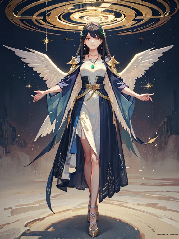 (((((masterpiece+best quality+ultra-detailed+8k wallpaper+best illustration)))), emerald, emerald eyes+pure and indescribable face, golden long hair+earrings+delicate pendant, unique necklace, sparkling Embellished with diamonds, beige waist-length dress + master-level fashion design is well-tailored and elegant, radiant and dreamy colors, evening dresses, luminous effects, high-quality, the environment surrounding the characters secretly sets off the mysterious and dreamy atmosphere of the characters.