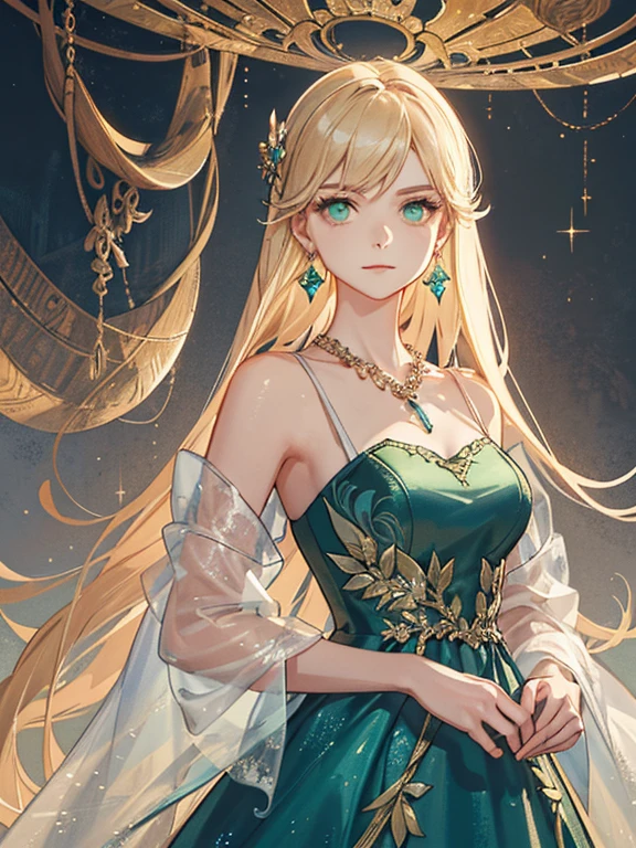 (((((masterpiece+best quality+ultra-detailed+8k wallpaper+best illustration)))), emerald, emerald eyes+pure and indescribable face, golden long hair+earrings+delicate pendant, unique necklace, sparkling Embellished with diamonds, beige waist-length dress + master-level fashion design is well-tailored and elegant, radiant and dreamy colors, evening dresses, luminous effects, high-quality, the environment surrounding the characters secretly sets off the mysterious and dreamy atmosphere of the characters.