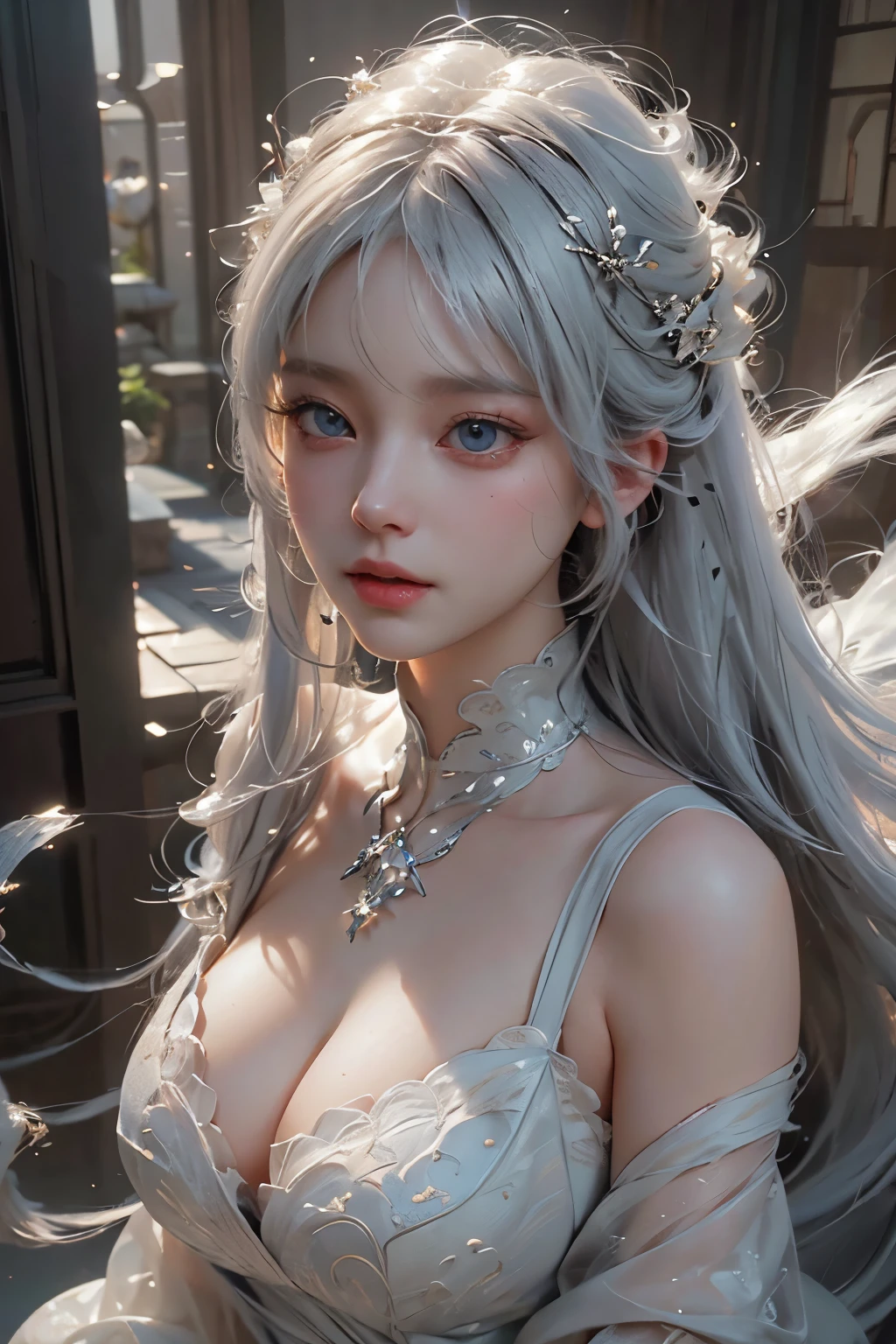 ((highest quality)), ((masterpiece)), (detailed:1.4), beautiful woman images,High resolution(High Dynamic Range),Ray Tracing,NVIDIA,Super Resolution,Scattered under the surface,PBR Textures,Post-processing,Anisotropic Filtering,Maximum depth of field resolution and crisp layered textures,Albedo and Specular Maps,surface shading,Accurate simulation of material interactions,Perfect balance,Rendering with Octane,2-color light,Large Diameter,Low ISO,White balance,Rule 3 points、8K raw data、Beautiful white and shining skin、White hair that changes with the light、Long bangs obstruct the view、Highlights of cheek luster、Sexy and very beautiful and lovely face、The most beautiful face in the world、Super long and gorgeous white hair、Smooth straight hair、White hair blowing in the wind、big, Sparkling light blue eyes、Beautiful Bangs、Beautiful cute girl 25 years old、Big tits cleavage、beautiful sexy dress
