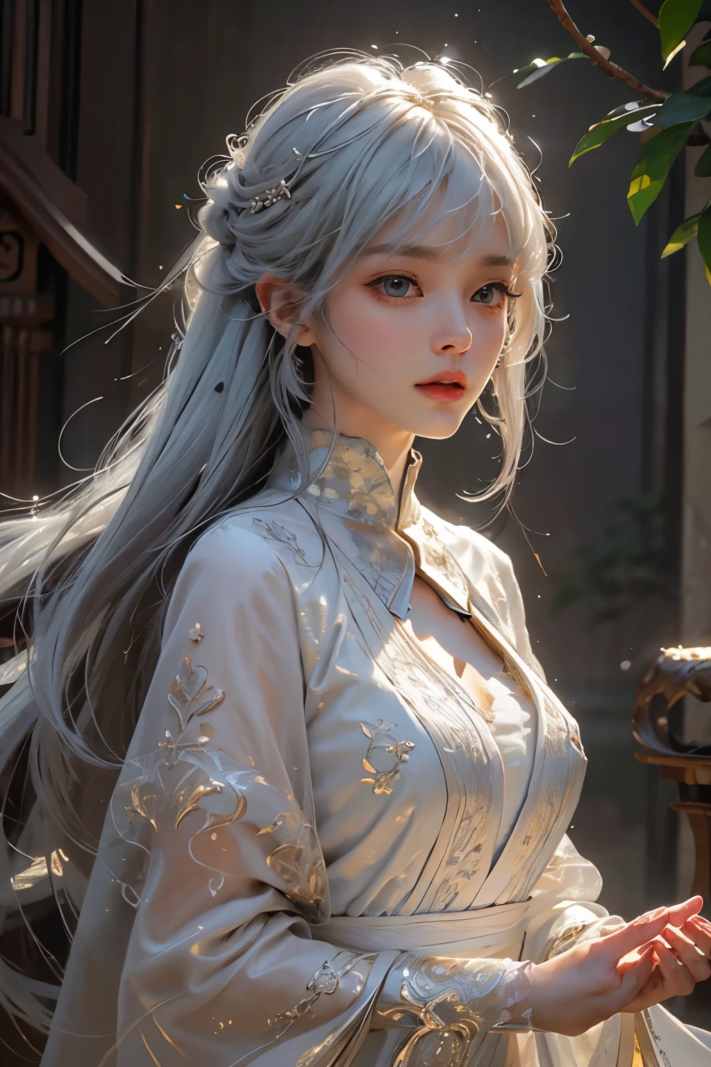 （（highest quality））， （（masterpiece））， （detailed：1.4）， beautiful woman images，High resolution（High Dynamic Range），Ray Tracing，NVIDIA，Super Resolution，Scattered under the surface，PBR Textures，Post-processing，Anisotropic Filtering，Maximum depth of field resolution and crisp layered textures，Albedo and Specular Maps，surface shading，Accurate simulation of material interactions，Perfect balance，Rendering with Octane，2-color light，Large Diameter，Low ISO，White balance，Rule 3 points、8K raw data、Beautiful white and shining skin、White hair that changes with the light、Long bangs obstruct the view、Highlights of cheek luster、Sexy and very beautiful and lovely face、The most beautiful face in the world、Super long and gorgeous white hair、Smooth straight hair、White hair blowing in the wind、big, Sparkling light blue eyes、Beautiful Bangs、Beautiful cute girl 25 years old、Big tits cleavage、beautiful sexy dress