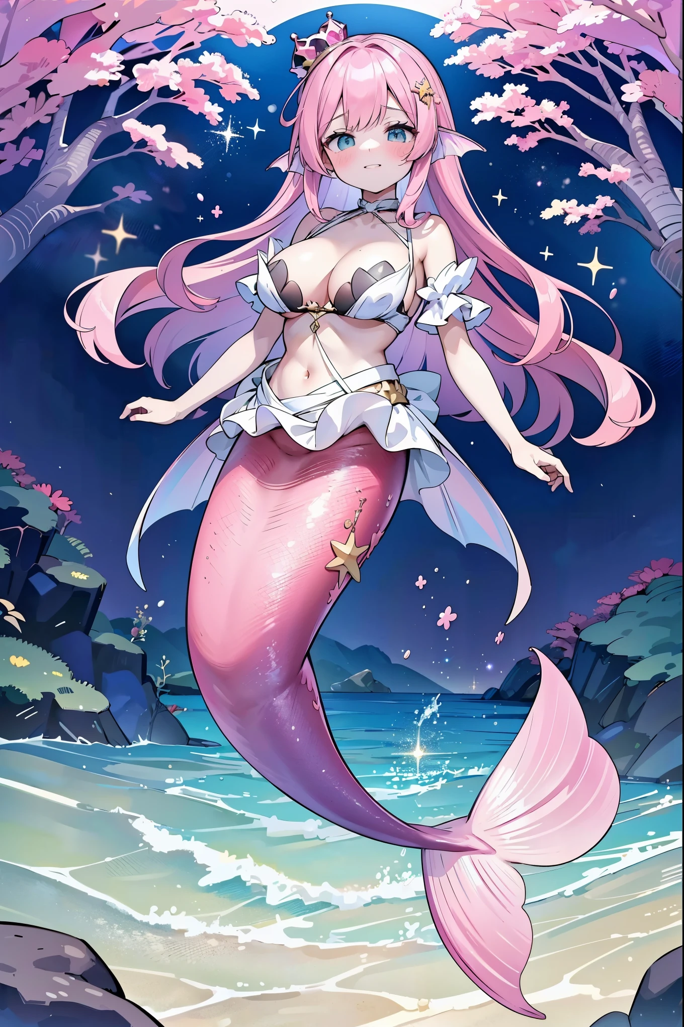 masterpiece, best quality(Full fingers),A woman,Unique,Large Breasts,Mermaid,Pink Hair,粉色的Mermaid尾巴,full-body shot,Pose for the audience,Hands on breasts,seabed,Underwater,charming脸(Kawaii, charming,Soft)