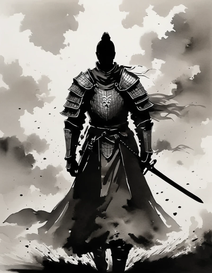 young knight, the story of chivalrous, silhouette, made of mist, black and white art, in the style of emphasis on negative space, chiaroscuro portraitures, in the style of shodo, eastern brushwork, comic art, mono-ha, disintegrated, speedpainting, made of mist, comic art