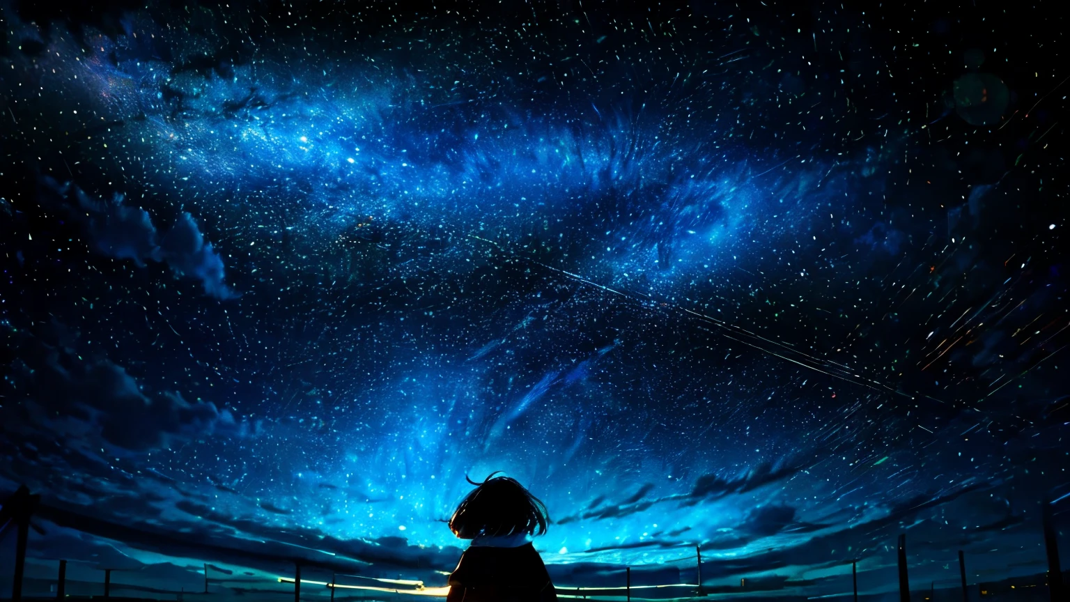 Describe a scene where a cute girl character is lying on a grassy hill., Look up at the starry sky. Surround her with colorful nebulae and her favorite constellations.
