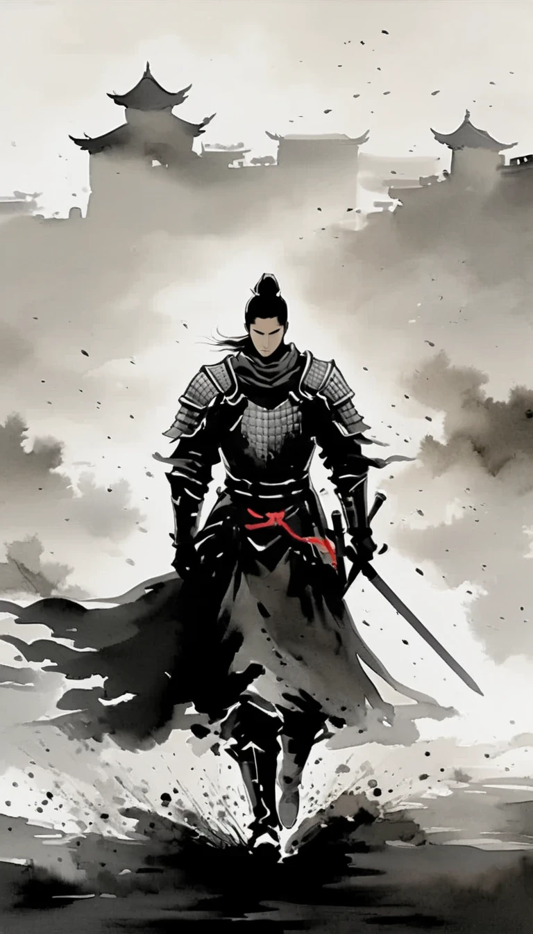 in style of flat color vector design , young knight, the story of chivalrous, silhouette, made of mist, black and white art, in the style of emphasis on negative space, chiaroscuro portraitures, in the style of shodo, eastern brushwork, comic art, mono-ha, disintegrated, speedpainting, made of mist, comic art