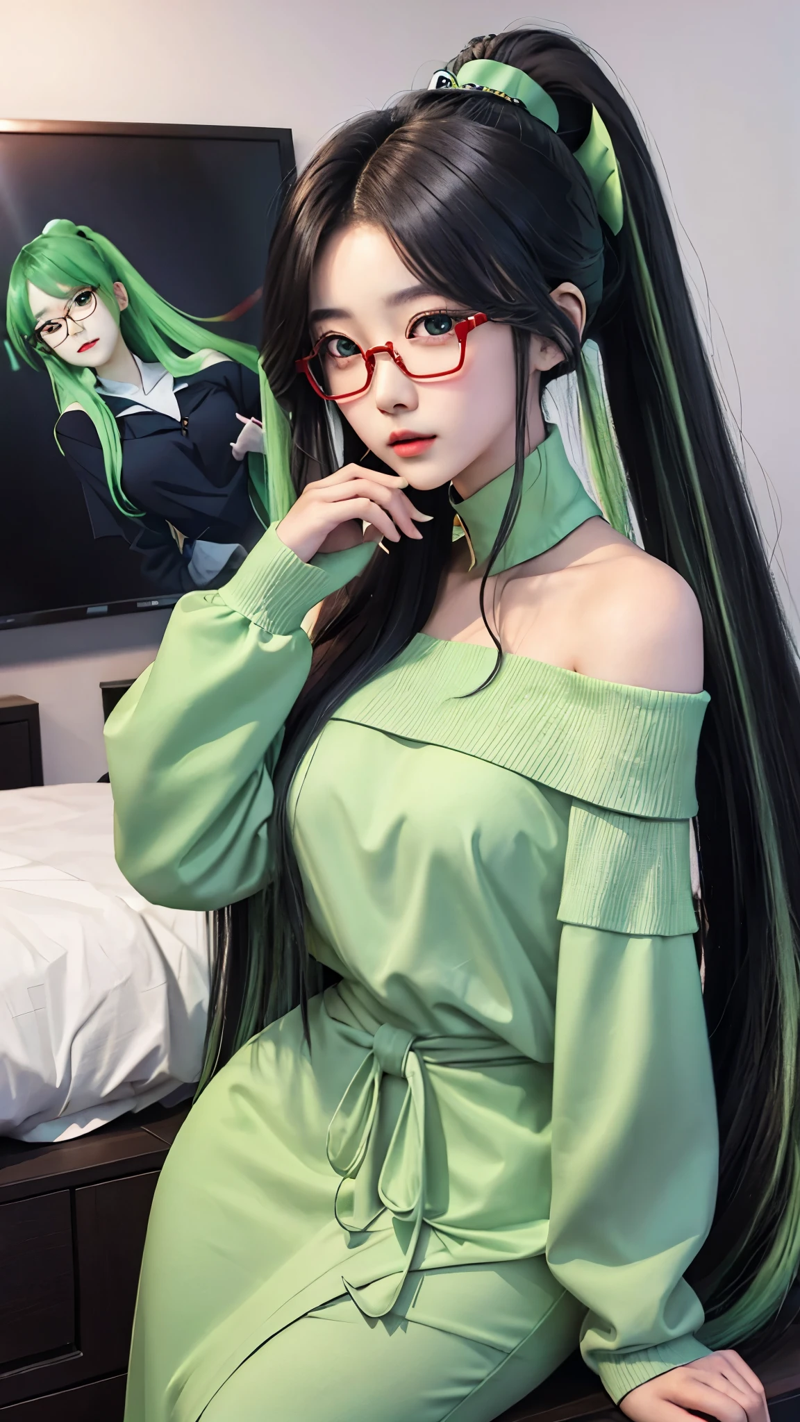 Close-up of a long-haired woman in a white dress,Off-shoulder, Young and cute Korean face, Cute and natural anime face, cute thin face of girl with long hair and harsh eyes, korean girl, 10,000 cute Korean faces, Beautiful Korean woman, beautiful anime girl, Ulzan, Stunning anime face portraits, girl, Gorgeous young Chinese woman,black hair and green hair, long ponytail, Light green eyes,Red glasses,Red half frame glasses,Large target ,Above the waist