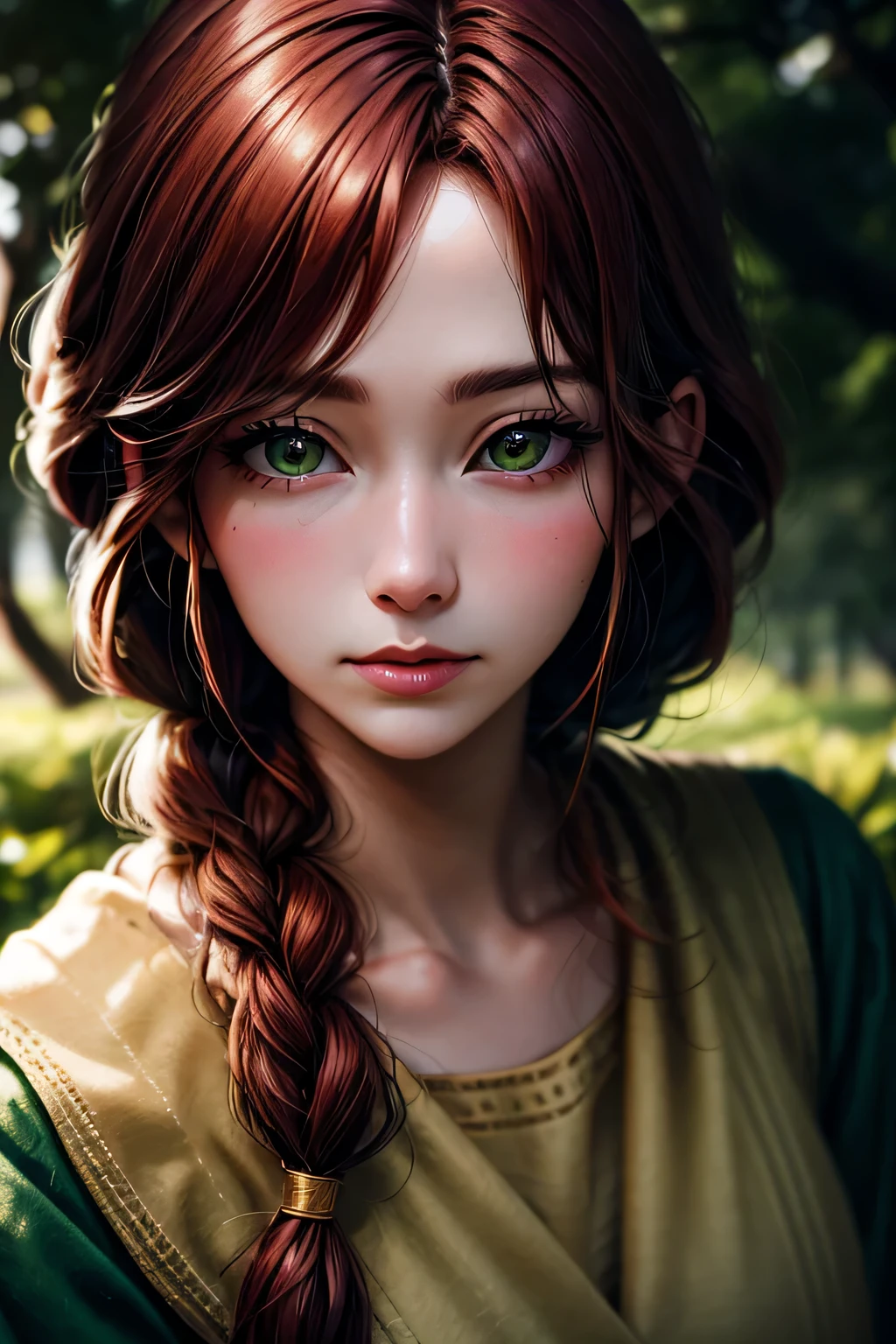 hd, (The finest details) (最high quality), Girls in their 20s,Redhead woman with long red braided hair and a green dress taking a photo, Mature and gorgeous, Natural light and shadow、 (Detailed face), (Beautiful fine details), Dynamic pose), masterpiece, 最high quality, high quality, High resolution, (Face close-up)、In the park on a moonlit night、