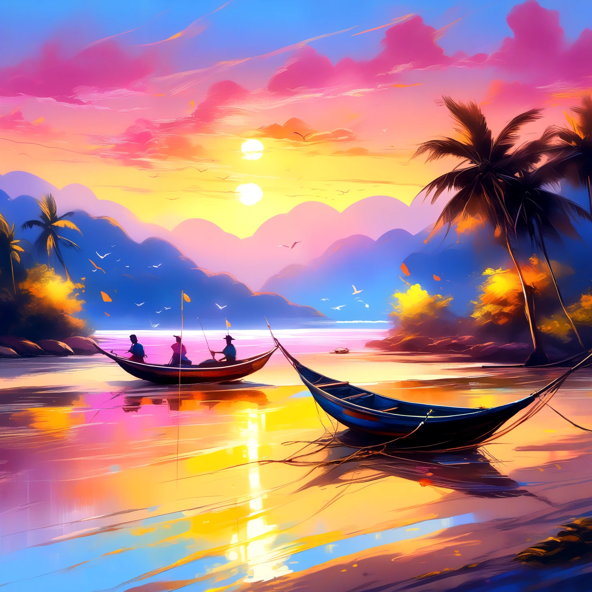 (8k, best quality, masterpiece: 1.2), (best quality: 1.0), (ultra highres: 1.0), (oil painting, impressionism style), anchored fishing boats, (fishermen from the Brazil, fishermen throwing and collecting nets with fish), reflection of the canoes in the calm and gentle river, (small waves on the beachfront on the yellow sand), pink sunset, beautiful sun reflecting on the river, 3 seagulls flying around of hammocks, (bucolic art, detailed painting, epic painting, full of colors and rich details), (extremely luminous and bright detailed painting drawing), (ink: 1.3), autumn lights