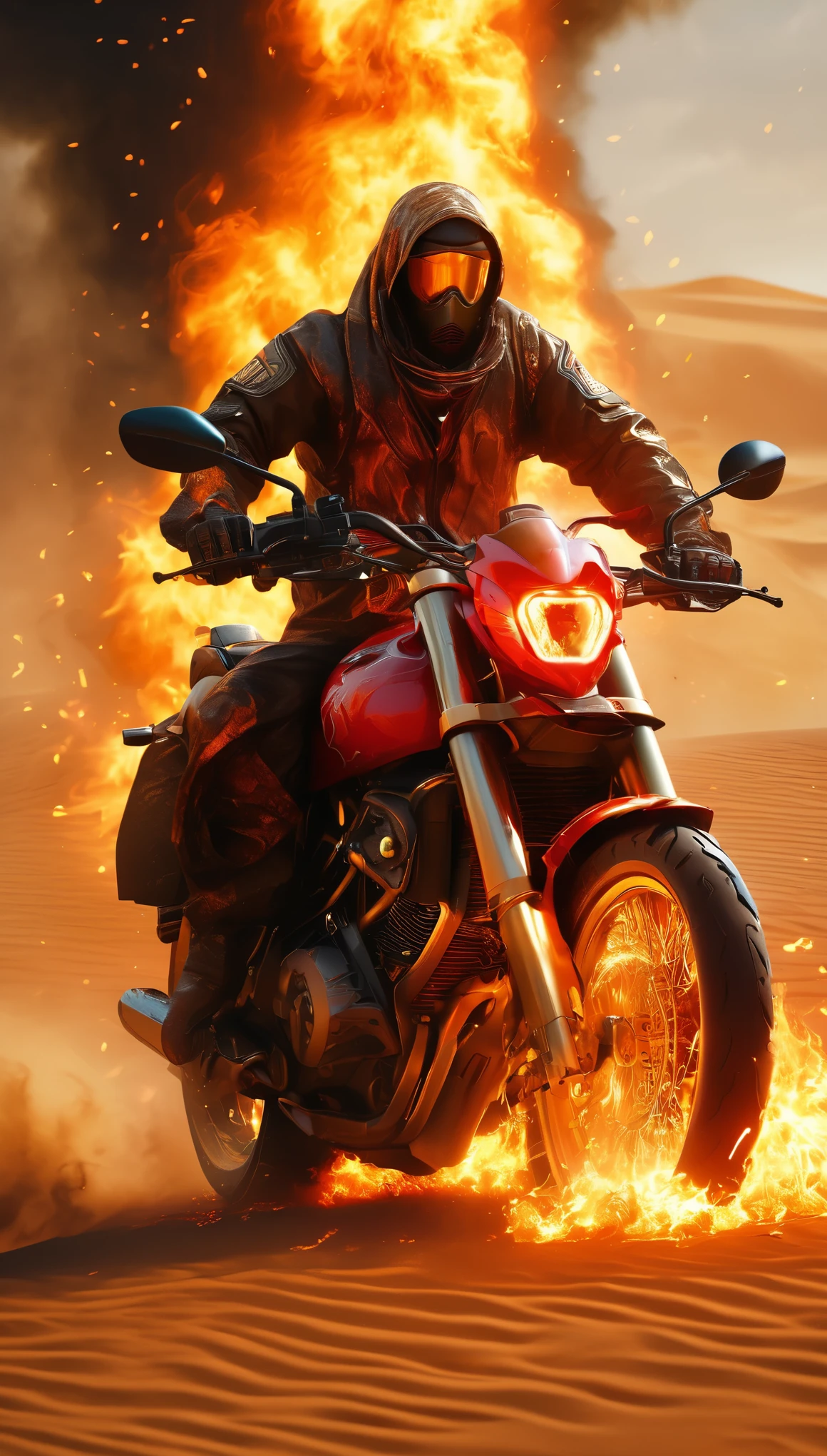 masterpiece, best quality, (photorealistic), (Raw Photo), ((Best Quality, masterpiece)), high resolution, (official art, Unity 8k wallpaper, Ultra-detailed, Beautiful, realistic), The Man is surrounded by flames, The corpse was wrapped in burning wheel, the future technology of motorcycles, he rides a futuristic Motocross, ride on a burning fire, composed of fire elements, volcanoes, Sahara Desert landscape, Armageddon, Epic screen, Textured skin, ((Anatomically correct)).
