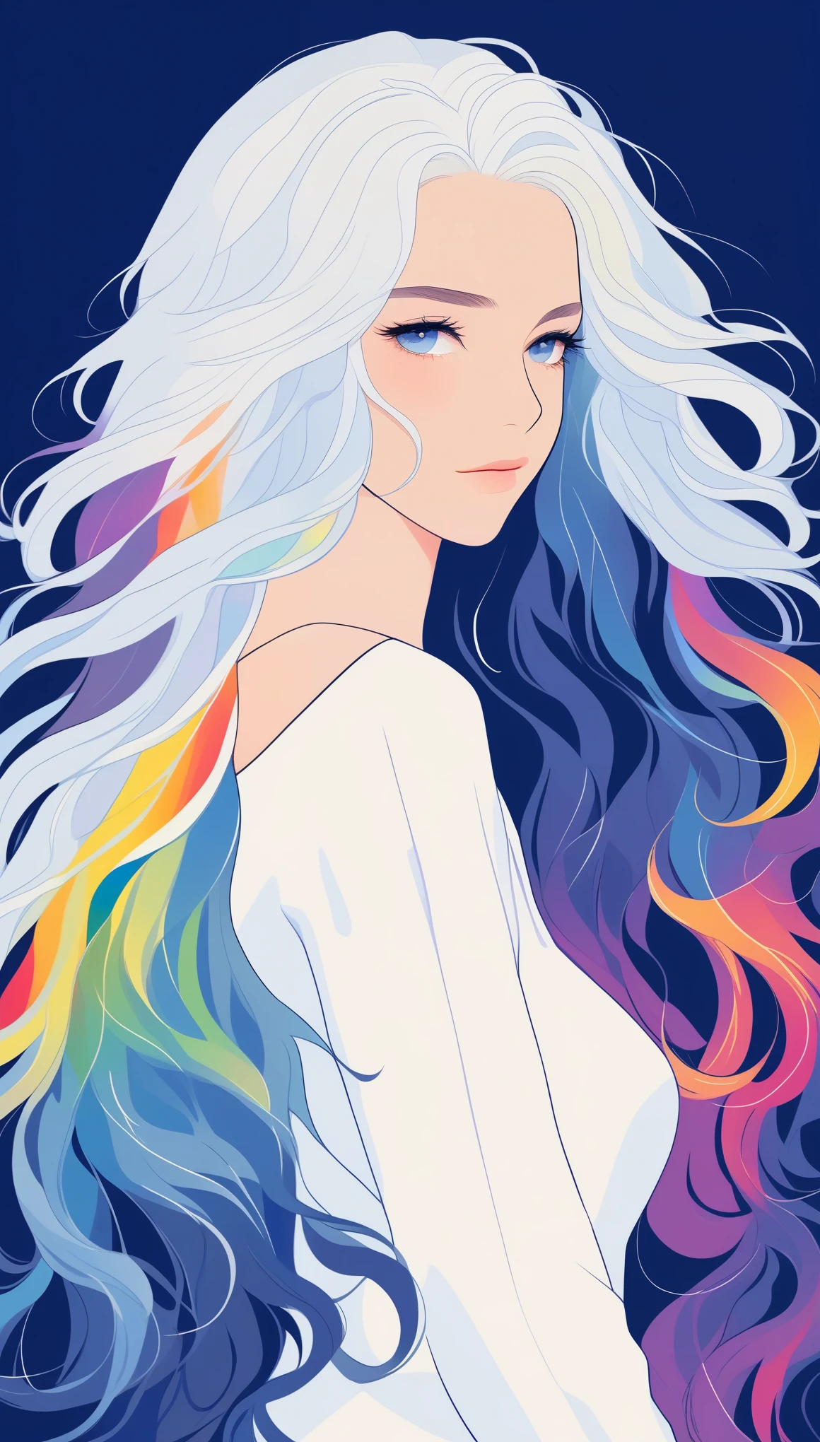 Sexy Girls,Solitary, portrait,Navy blue simple background,Long wavy hair, white hair hair, Practical, (masterpiece,best quality,Rainbow style)