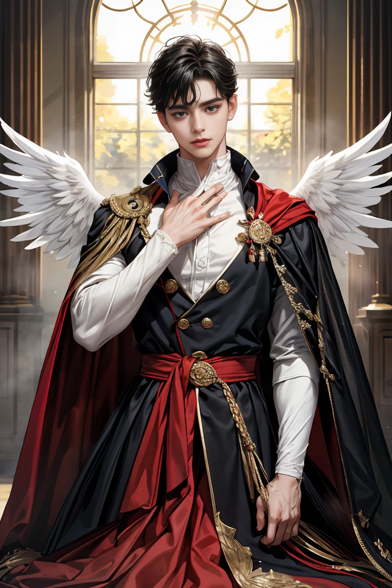 masterpiece, 最high quality, high quality, 1 boy, alone, Male focus, Watching the audience, Messy black hair, blue adorable big eyes, White, Noble, Noble, Beautiful angel、A very big, very big, very big, very long, long red and black cape made with a lot of fabric that reaches all the way down to the floor, 17 years old,cute beautiful boy,cute cute handsome boy