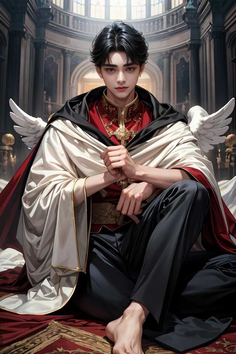 masterpiece, 最high quality, high quality, 1 boy, alone, Male focus, Watching the audience, Messy black hair, blue adorable big eyes, White, Noble, Noble, Beautiful angel、A very big, very big, very big, very long, long red and black cape made with a lot of fabric that reaches all the way down to the floor, 17 years old,cute beautiful boy,cute cute handsome boy