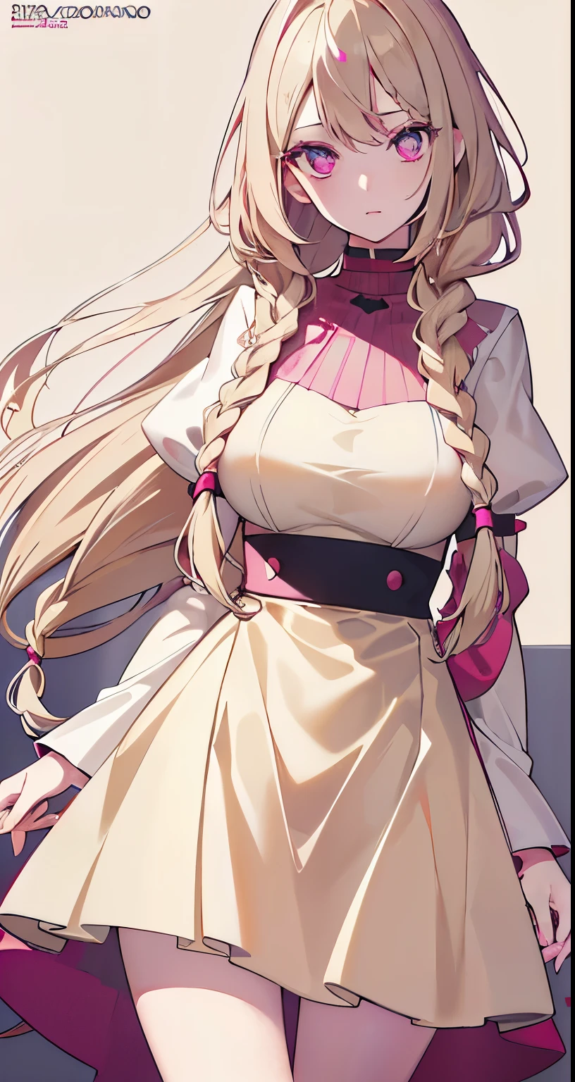 ((Beautiful Beautiful Girl)),(dark pink heart color eyes), 1  and slender woman, degree々big breasts, ((light beige color hair)),((long braided hair)),In 8K, Best quality, (highly detailed head: 1.0), (very detailed face: 1.0), (Highly detailed hair: 1.0),((dress Clothes )),Detailed official artwork, Beautiful detailed anime art,