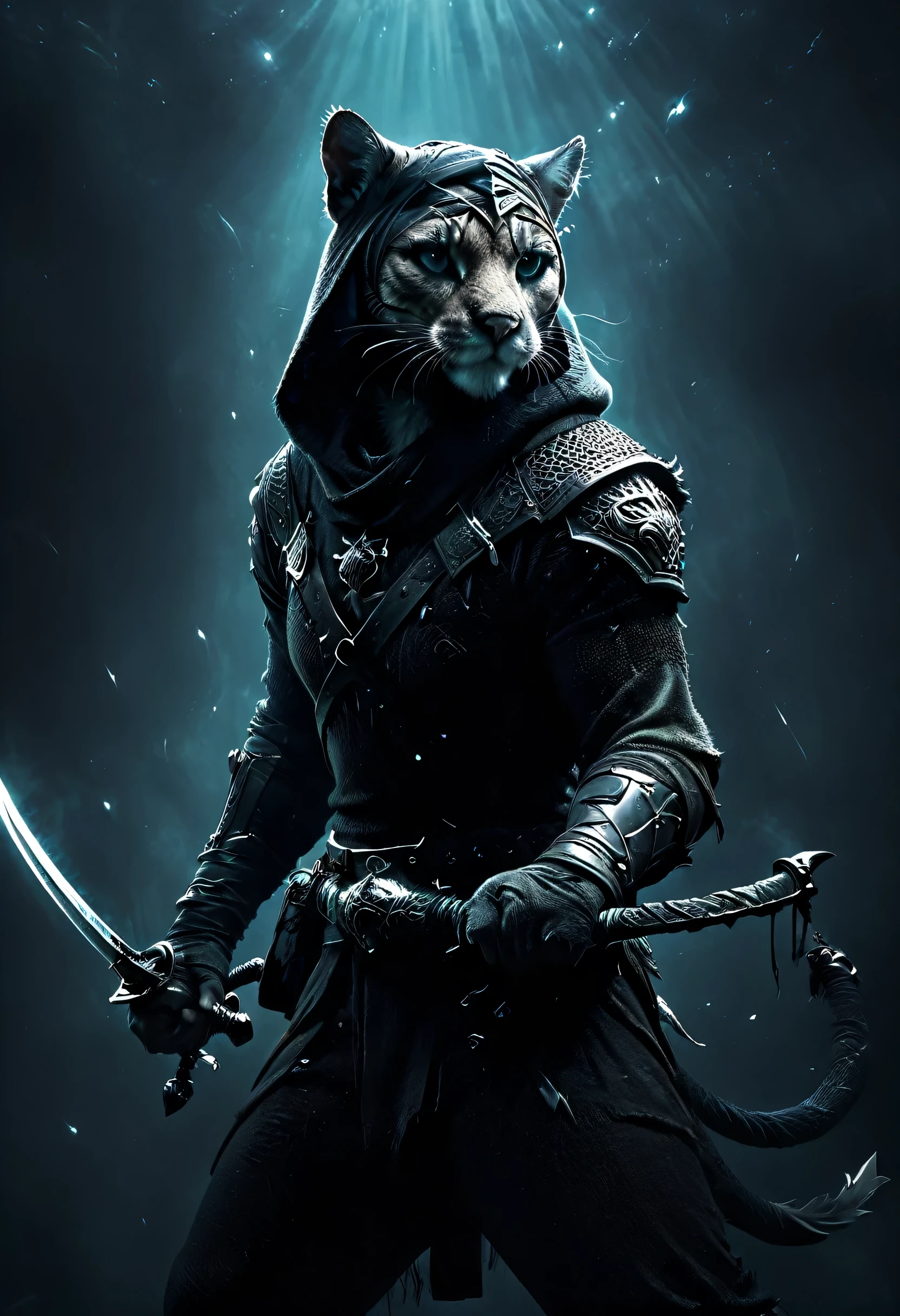 ((a dark swearer cougar, swearer's clothing with hood and sword, dynamic pose, EPIC:1.5)), ((dark background, moonlight night:1.4)), (masterpiece),(Best quality:1.0) , (Ultra-high resolution:1.0), detailed painting, intricate, underwater landscape, (( magical, Beautiful, otherworldly:1.4 )), (( Best quality, vibrant, 32K , well-defined light and shadows)). without text:1.3.