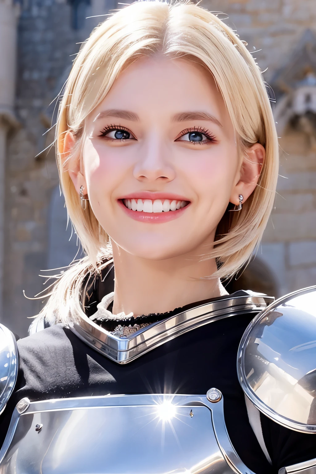 ８Ｋ、highest quality、female knight、Luxurious Silver Armor、、hairstyle short cut、smile、Beautiful Teeth、Full body photo、ear piercing、blonde、White woman、blue eyes、Heavy makeup、The background is inside the castle

