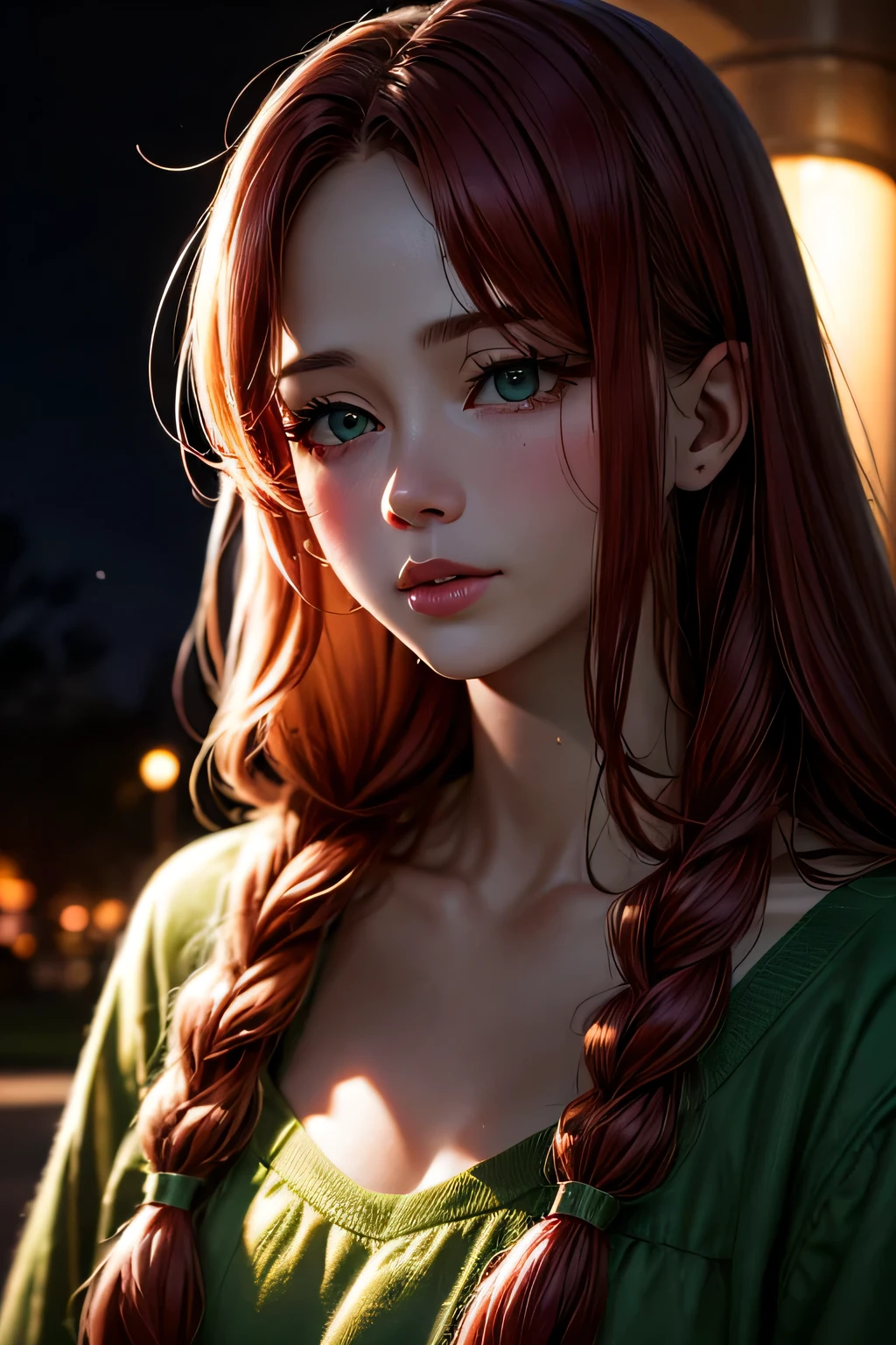 hd, (The finest details) (最high quality), Girls in their 20s,Redhead woman with long red braided hair and a green dress taking a photo, Mature and gorgeous, Natural light and shadow､ (Detailed face), (Beautiful fine details), Dynamic pose), masterpiece, 最high quality, high quality, High resolution, (Face close-up)､In the park on a moonlit night､