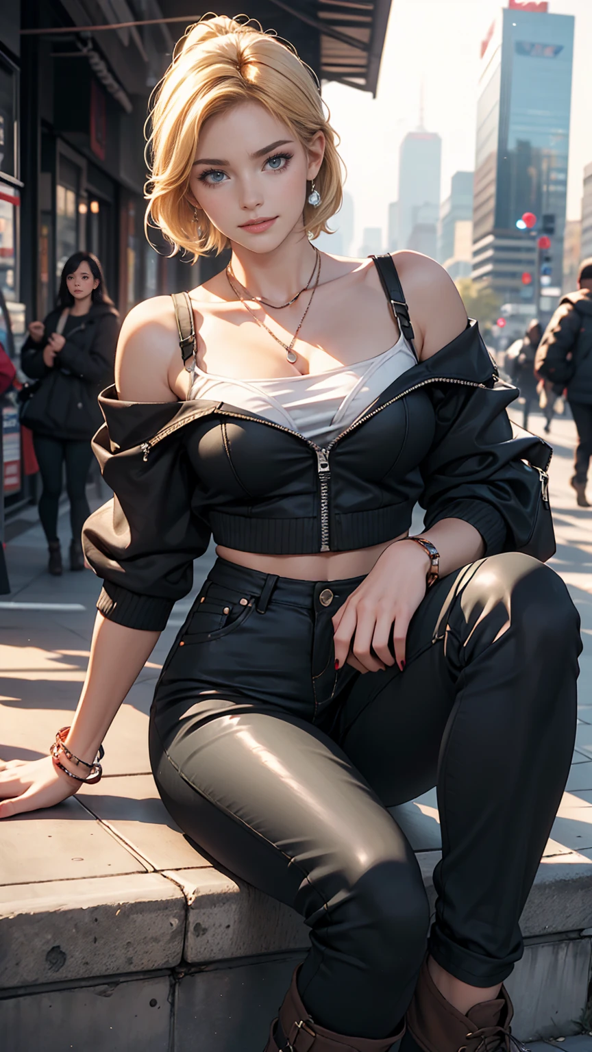 24 year old Caucasian female、Silver Hair、Straight Hair、Lace choker、Strap shoulder tops、No bra、Chest(Nipple swelling emphasis)、Colorful leggings、Stiletto heels、Sitting on the wide stone steps of the Old Town、Crossing your legs、Cheek resting on hand、smile、Silver accessories on the wrist