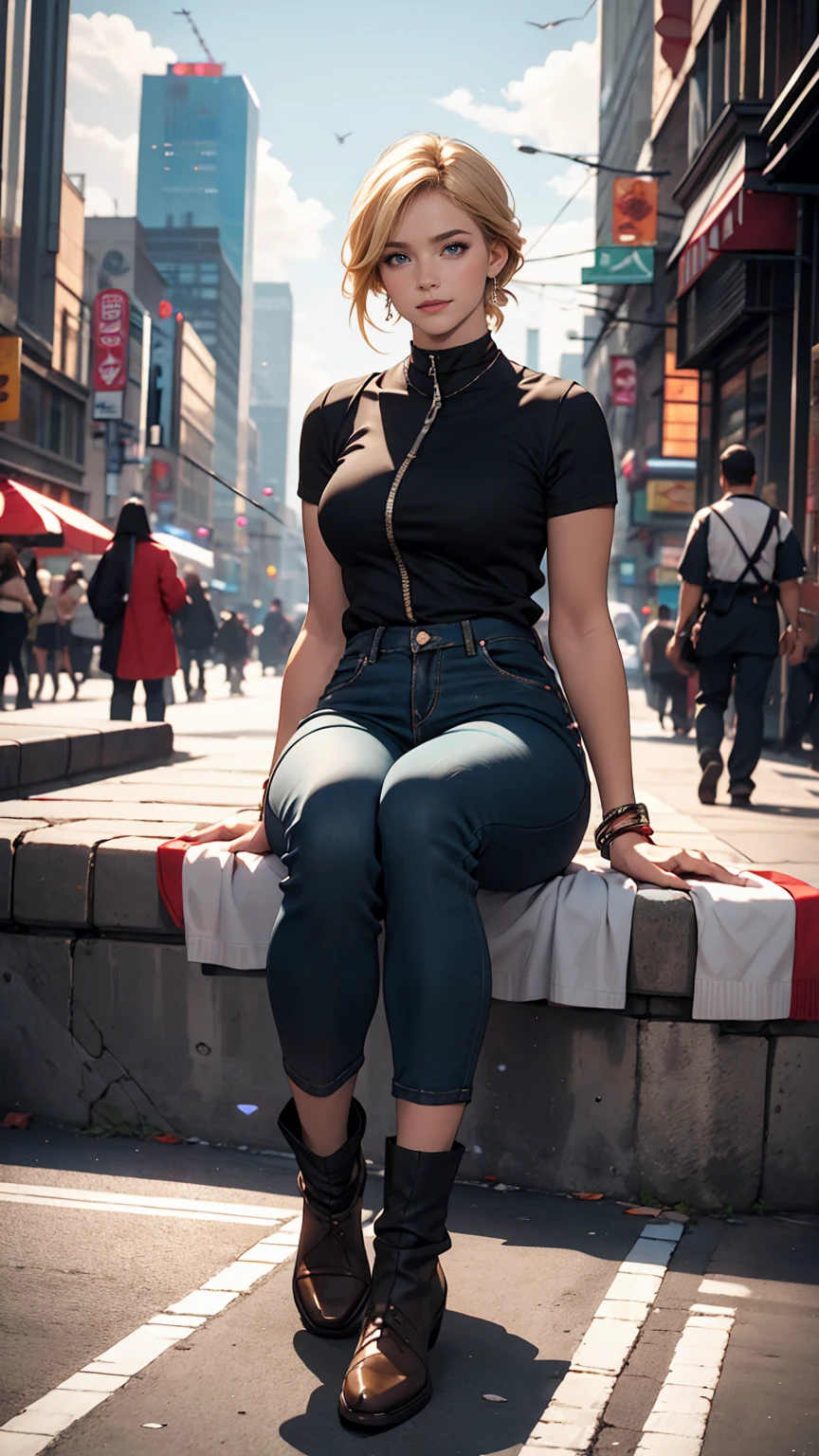((最high quality, 8K, masterpiece: 1.3, Ultra HD, high quality, 最high quality, High resolution, realism)) 、A 22-year-old extremely beautiful white woman、Slender figure、Hair color blonde、blue eyeedium Hair、Straight Hair、smile、Background blur((depth of field))、Aerial perspective((atmospheric perspective))、I want my head to stay off screen、Put an anklet on your ankle、Wearing red nail polish、I have a peticure、No sleeve、Wear high-neck zipper-up tops、Wear low rise hot pants、Wear short boots、Walking through the hustle and bustle of the city、Skyscraper background、Sit on the curb and rest your chin on your hands、Slender body