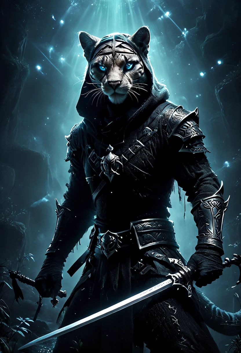 ((a dark swearer cougar, swearer's clothing with hood and sword, dynamic pose, EPIC:1.5)), ((dark background, moonlight night:1.4)), (masterpiece),(Best quality:1.0) , (Ultra-high resolution:1.0), detailed painting, intricate, underwater landscape, (( magical, Beautiful, otherworldly:1.4 )), (( Best quality, vibrant, 32K , well-defined light and shadows)). without text:1.3.