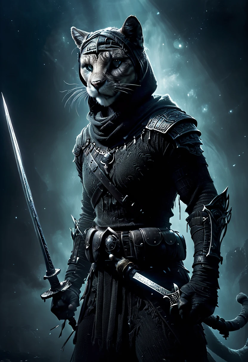 ((a dark swearer cougar, swearer's clothing with hood and sword, dynamic pose, EPIC:1.5)), ((dark background, moonlight night:1.4)), (masterpiece),(Best quality:1.0) , (Ultra-high resolution:1.0), detailed painting, intricate, underwater landscape, (( magical, Beautiful, otherworldly:1.4 )), (( Best quality, vibrant, 32K , well-defined light and shadows)). without text:1.3.