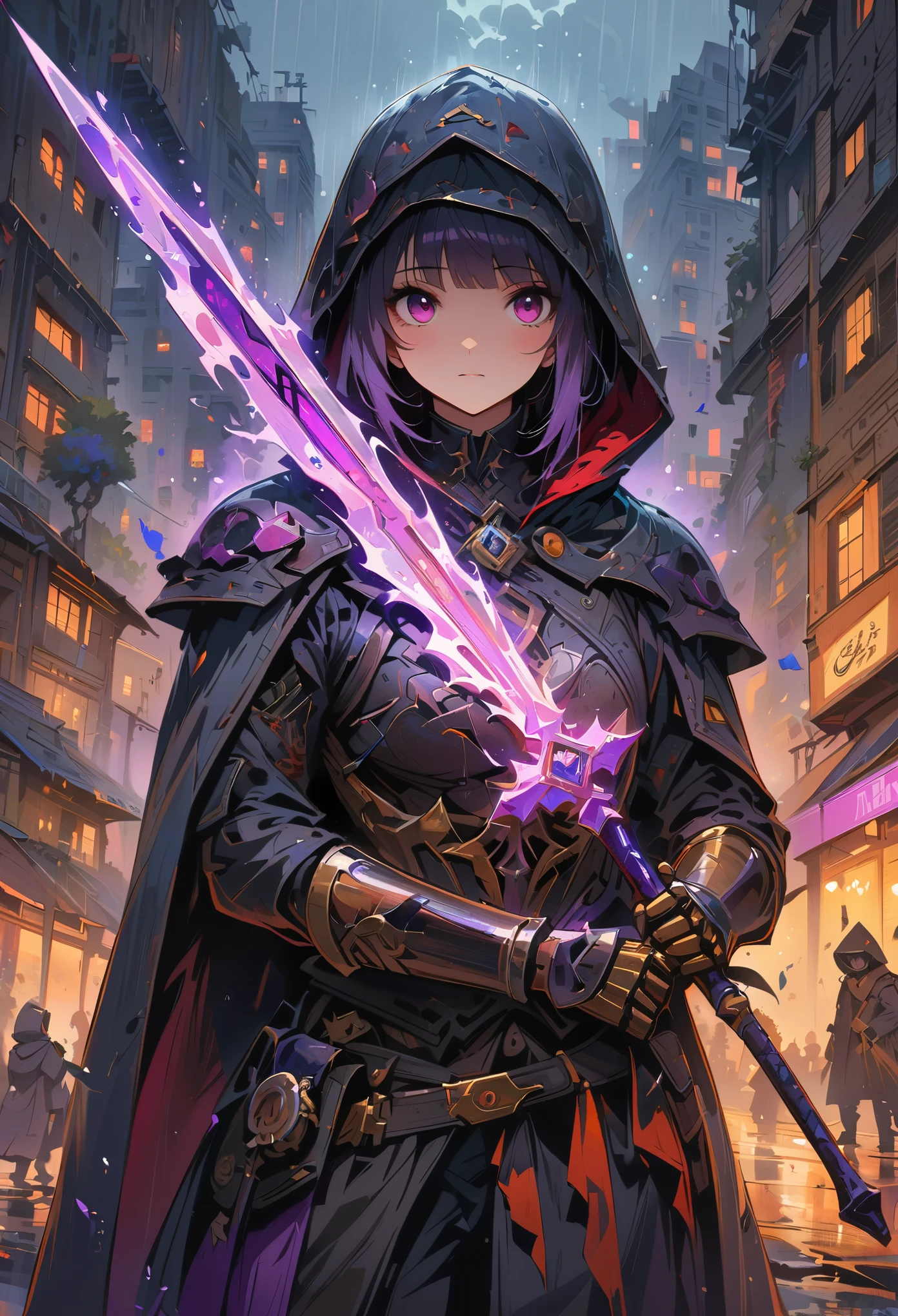 Hong Kong style, Soul Knight, Black undead armor with purple elements,Holding a transparent purple burning luminous crystal sword,The sword has fallen ,Black hood and cape, Robes Infused Armor, glowing purple cross eye, natural inspiration, bones as accessories, City ruins at night, linquivera background full of chaotic patterns, rain, Disturbing, Depression, masterpiece, HD, ((Marc Chagall style)), Amazing naive art, primitivism, Original gene,((best quality, masterpiece)), (Higher details), Impressionism:1.1, 8k