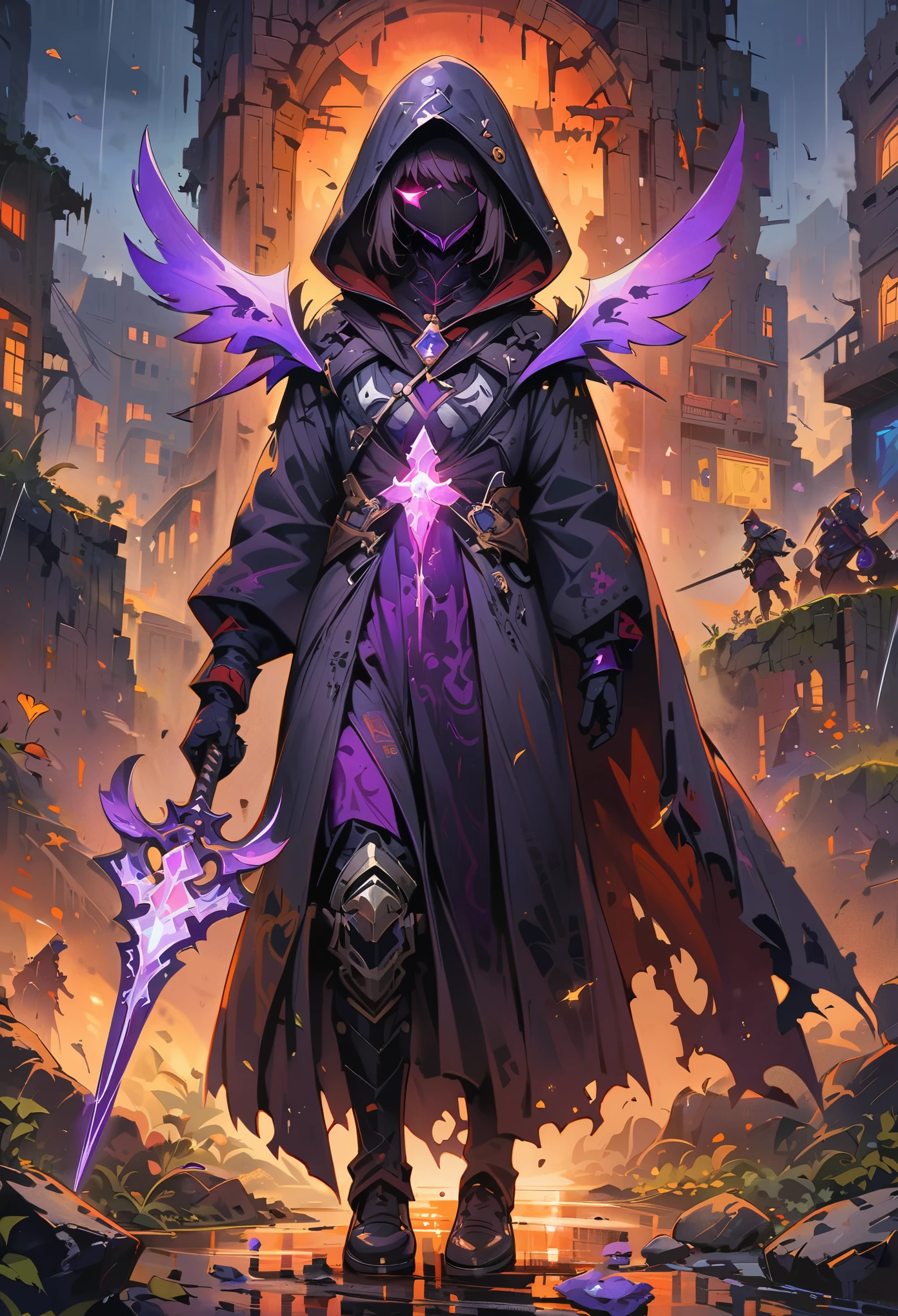 Hong Kong style, Soul Knight, Black undead armor with purple elements,Holding a transparent purple burning luminous crystal sword,The sword has fallen ,Black hood and cape, Robes Infused Armor, glowing purple cross eye, natural inspiration, bones as accessories, City ruins at night, linquivera background full of chaotic patterns, rain, Disturbing, Depression, masterpiece, HD, ((Marc Chagall style)), Amazing naive art, primitivism, Original gene,((best quality, masterpiece)), (Higher details), Impressionism:1.1, 8k