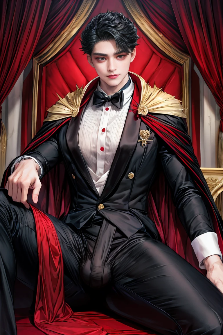 
masterpiece, 最high quality, high quality, 1 boy, alone, Male focus, Watching the audience, whole body, Winning spirit_destiny, Messy black hair, blue adorable big eyes, White, Noble, Noble, noble vampire、An elegant tuxedo,A very large, very tall stand-up collar, a very large, very long, long cape that reaches down to the floor, made of a lot of fabric, red and black., ,cute beautiful boy,cute cute handsome boy