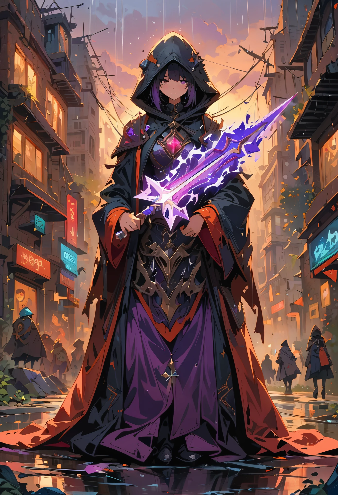 Hong Kong style, Soul Knight, Black undead armor with purple elements,Holding a transparent purple burning luminous crystal sword,The sword has fallen ,Black hood and cape, Robes Infused Armor, glowing purple cross eye, natural inspiration, bones as accessories, City ruins at night, linquivera background full of chaotic patterns, rain, Disturbing, Depression, masterpiece, HD, ((Marc Chagall style)), Amazing naive art, primitivism, Original gene,((best quality, masterpiece)), (Higher details), Impressionism:1.1, 8k