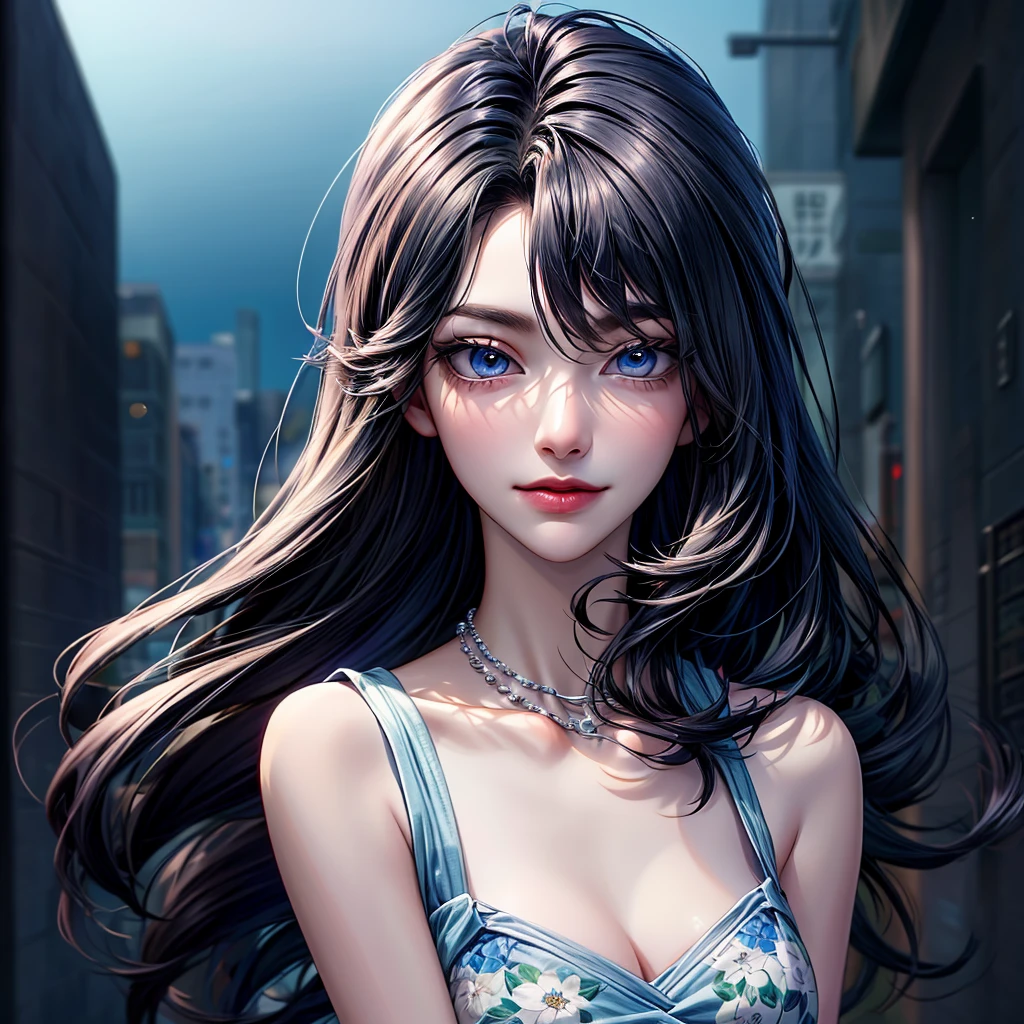 1 woman of 30 years old, {{{long black hair}}}, {{{light blue eyes}}}, light blue floral print dress with silver accessories {exposed arms} cleavage, small smile, in a city sidewalk with neon lights, {best quality.}, {highreaasterpiece.}, {{{medium close up.}}}, {facing viewer}