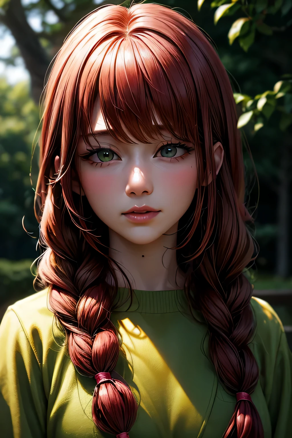 hd, (The finest details) (最high quality), Girls in their 20s,Redhead woman with long red braided hair and a green dress taking a photo, Mature and gorgeous, Natural light and shadow､ (Detailed face), (Beautiful fine details), Dynamic pose), masterpiece, 最high quality, high quality, High resolution, (Face close-up)､In the park on a moonlit night､