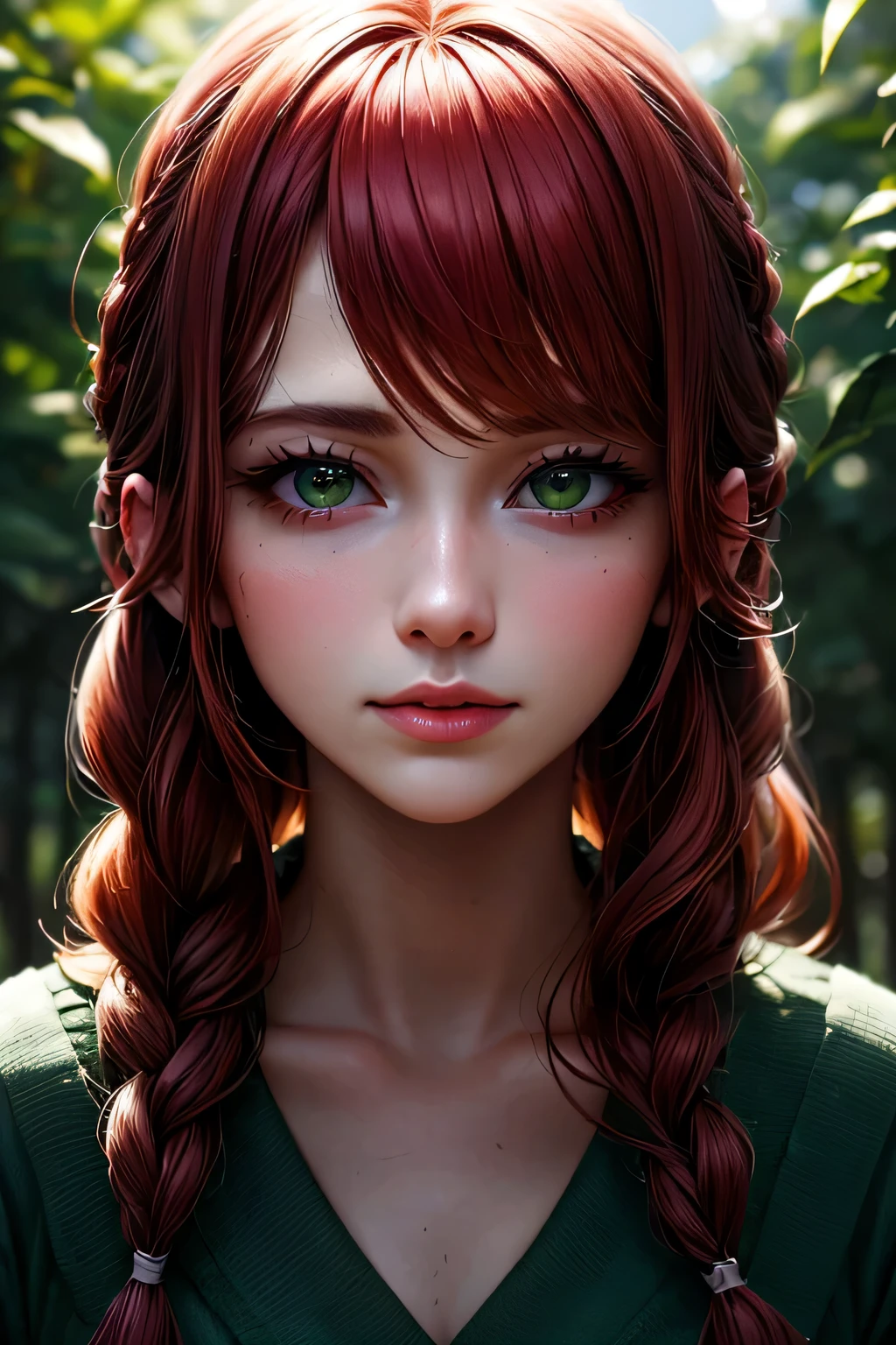 hd, (The finest details) (最high quality), Girls in their 20s,Redhead woman with long red braided hair and a green dress taking a photo, Mature and gorgeous, Natural light and shadow、 (Detailed face), (Beautiful fine details), Dynamic pose), masterpiece, 最high quality, high quality, High resolution, (Face close-up)、In the park on a moonlit night、