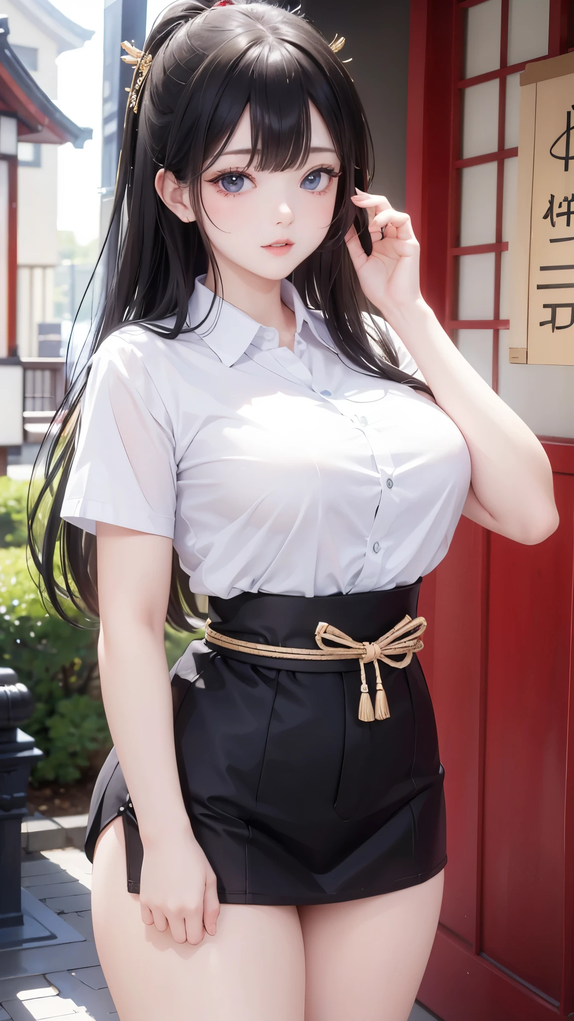 Italian girl, very long loose black hair, super mega gigantic breasts, white shirt, black pleated miniskirt, elegant shoes, slave collar, breasts tied together