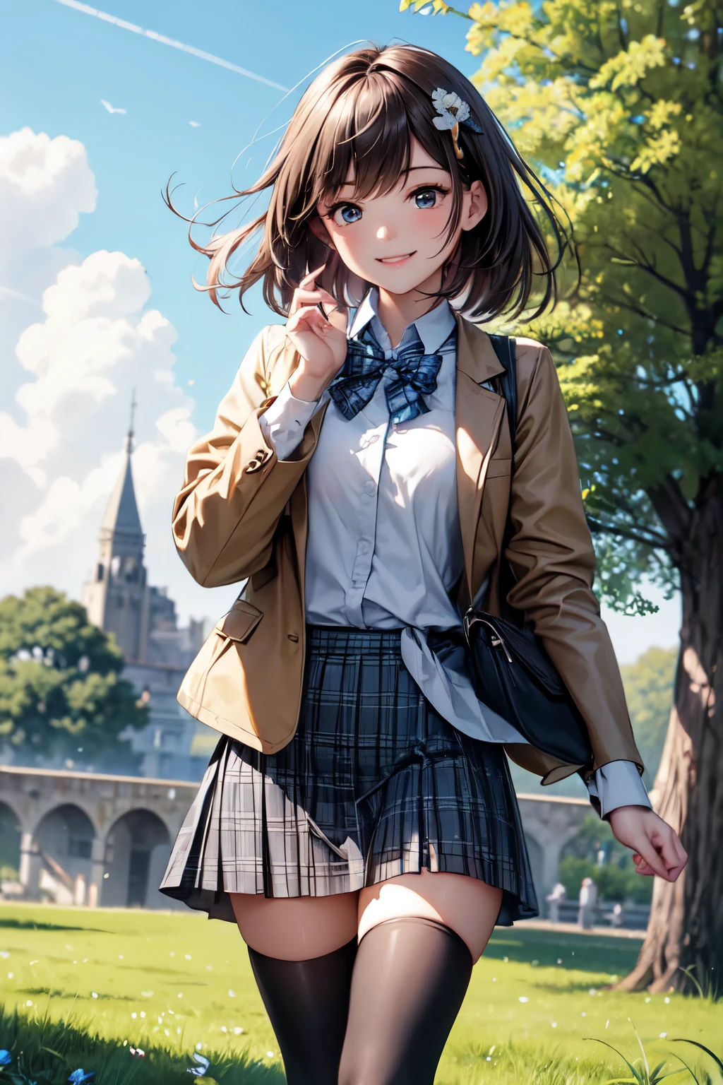 very cute and beautiful girl,(highly detailed beautiful face and eyes),(smile),happy,cowboy shot,
(brown jacket),collared shirt,plaid bowtie BREAK detailed legs,zettai ryouiki,brown shoulder bag,brown boots,
dynamic angle,hair ornament,black hair,(blue plaid mini skirt:1.2),arbor in rose garden,grassland,distant ocean background,
(best quality,masterpiece:1.0),absurdres,highres,ultra-detailed,extremely detailed,32k,8k resolution,
intricate details,cinematic scene,detailed background,solo,dynamic angle,
solo,natural lighting,hair fluttering in the wind,beautiful detailed sky,