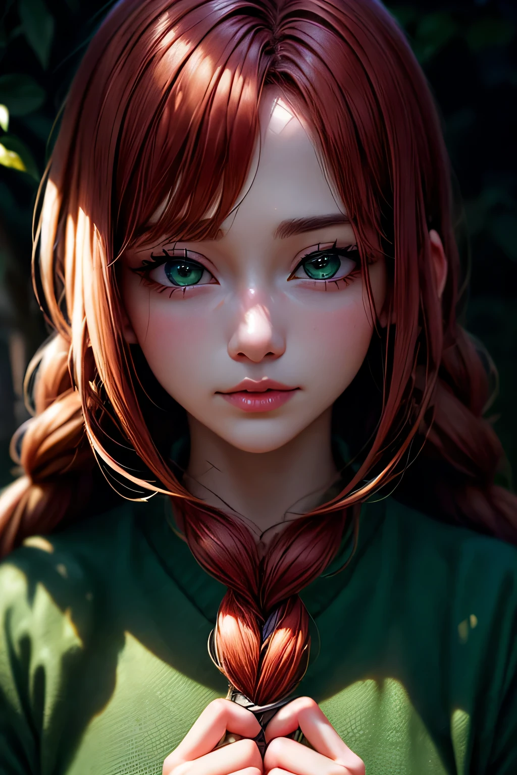 hd, (The finest details) (最high quality), Girls in their 20s,Redhead woman with long red braided hair and a green dress taking a photo, Mature and gorgeous, Natural light and shadow､ (Detailed face), (Beautiful fine details), Dynamic pose), masterpiece, 最high quality, high quality, High resolution, (Face close-up)､In the park on a moonlit night､