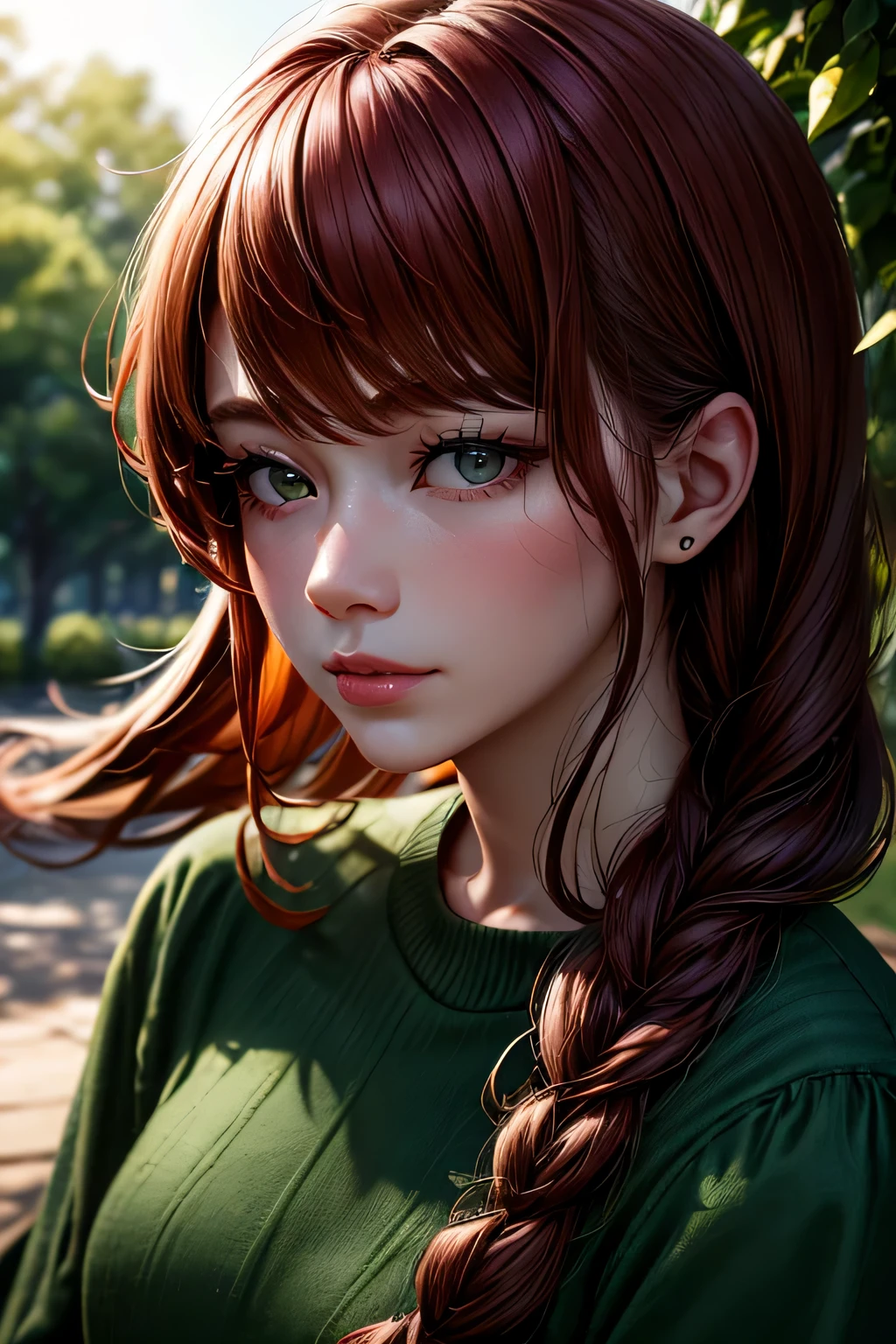 hd, (The finest details) (最high quality), Girls in their 20s,Redhead woman with long red braided hair and a green dress taking a photo, Mature and gorgeous, Natural light and shadow､ (Detailed face), (Beautiful fine details), Dynamic pose), masterpiece, 最high quality, high quality, High resolution, (Face close-up)､In the park on a moonlit night､