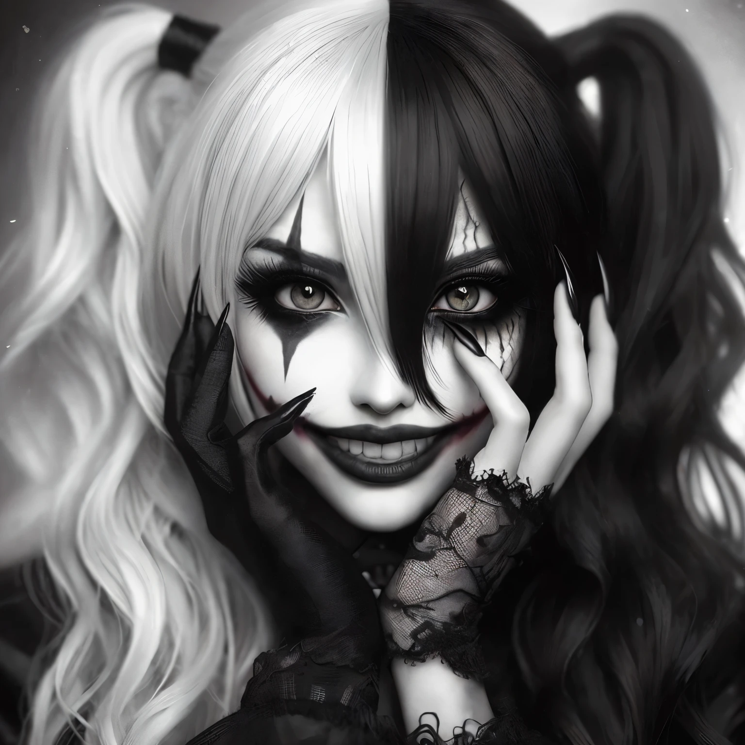 a close up of a woman with a clown makeup and a black and white photo, goth clown girl, cute face. dark fantasy, extremely detailed artgerm, gothic girl face, gothic art style, harley quinn, creepy clown girl, of harley quinn, trending artgerm, portrait of harley quinn, gothic face, gothic art, dark but detailed digital art