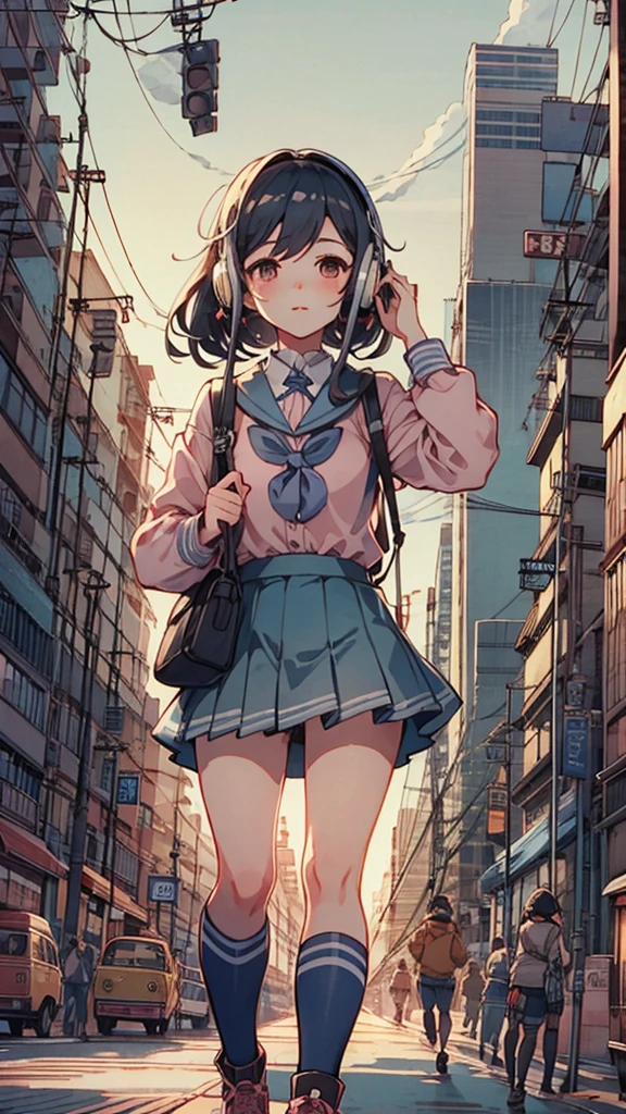 (Put on your headphones:1.0),道を歩いているAnime Girls, Beautiful anime school girl, Cute girl anime visuals, 長い髪のAnime Girls, Smooth anime CG art, 若いAnime Girls, 魅力的なAnime Girls, Anime Style 4k, Surreal , anime art wallpaper 8k, City Girl Fan Art, Anime Girls, Digital anime illustration