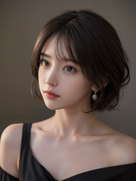highest quality, masterpiece, Ultra-high resolution, (Realistic:1.5), RAW Photos, One girl, Off the shoulder, In the Dark, Deep Shadow, Modest, Cold Light, sexy look, short hair