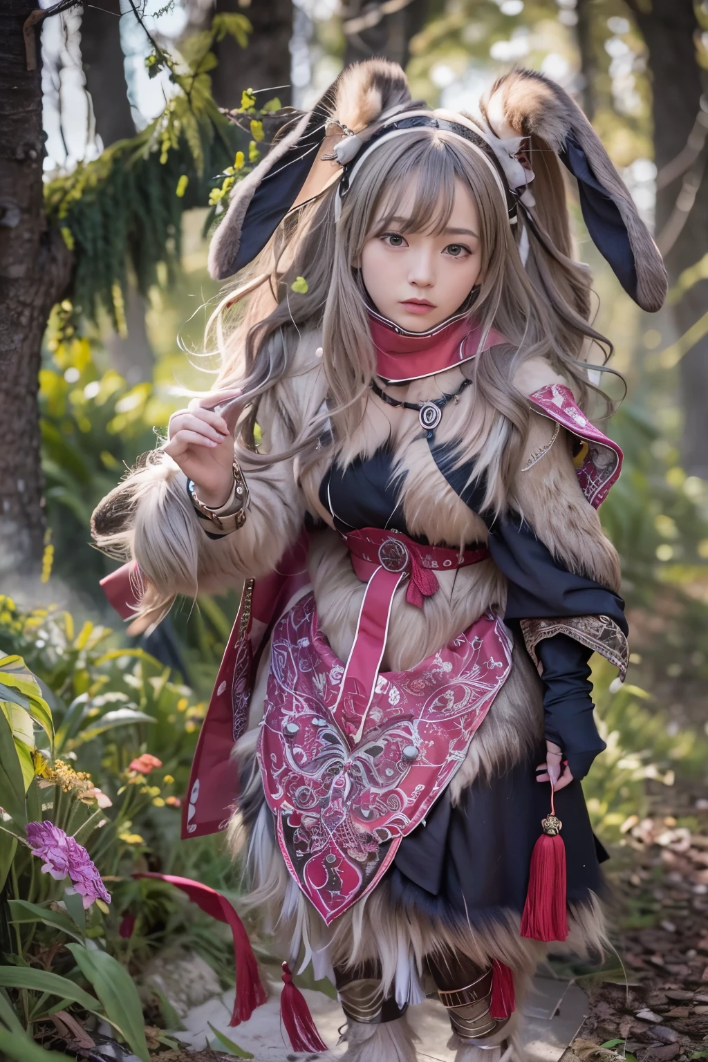 (masterpiece, best quality:1.2), (8k uhd, 16k, 32k, ultra high res), (photorealistic:1.37), (RAW photo), ultimate-realistic, ultimate-realistic details, ultimate-realistic texture, ultimate-intricate details, ultimate-realistic lighting, ultimate-realistic shadow, japanese girl, ultimate-cute face, ultimate-RAW skin, ultimate-realistic eyes, (rabbit beast woman), strong animal feeling, full body shot, Standing frightened in a mystical forest