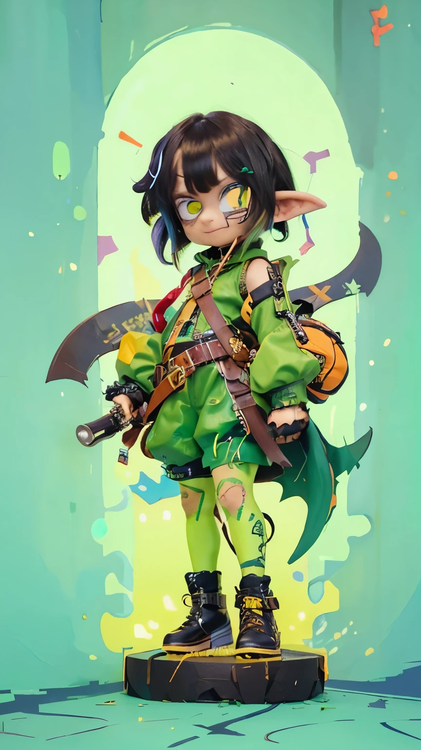 Tomboy.blach hood, detailed background, goblin girl, green skin, colored skin, black hair, short hair with long locks, blunt bangs, blue eyes, , dressed in tight leather, punk techwear, straps and belts , smug expression, cute masterpiece, best quality