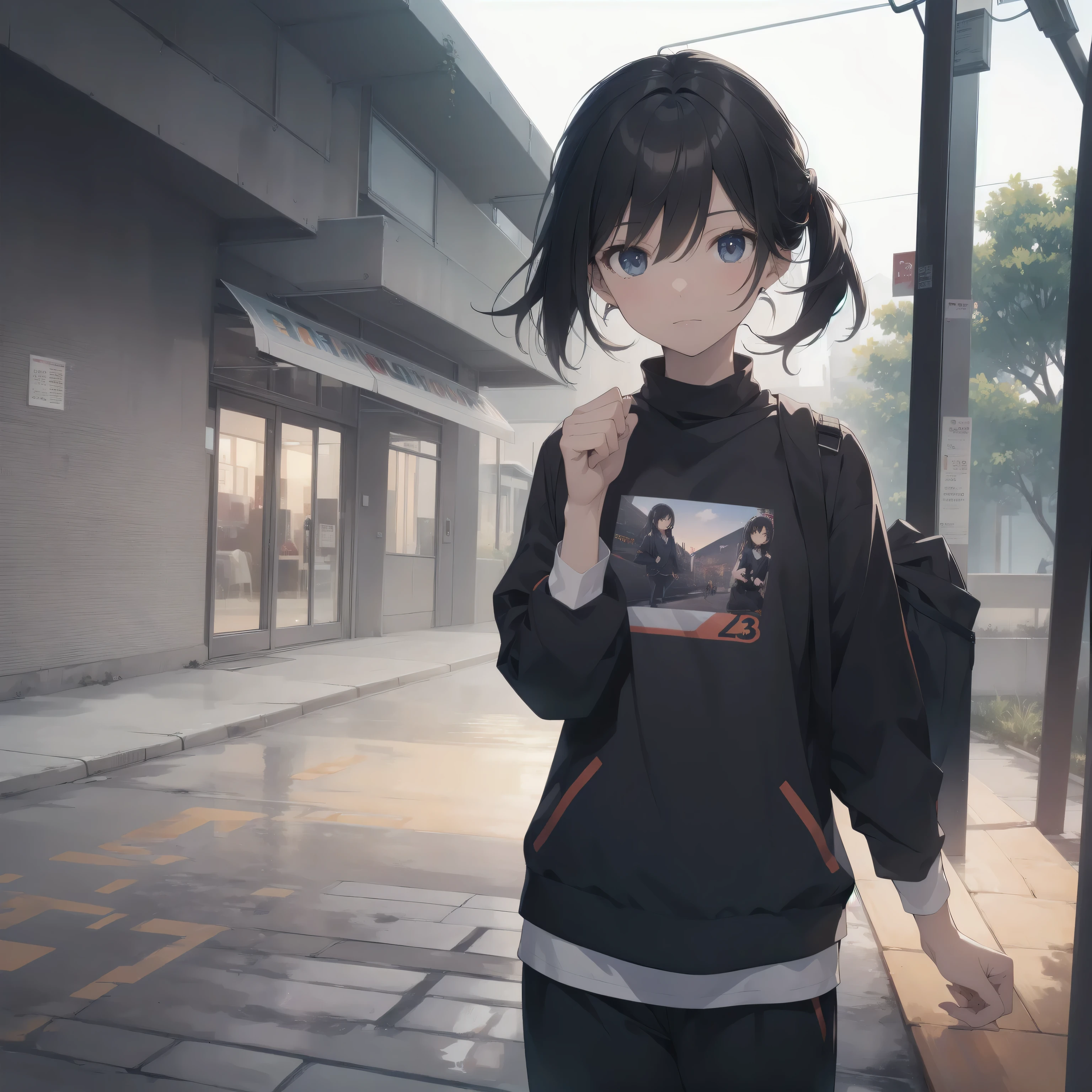 ultra-absurdres-Top quality by artist God, ultra-detailed, high resolution, anime moe artstyle, best anime 8k konachan wallpaper, pixiv contest winner,pool:2810, perfect anatomy,break, 1girl, (Please draw a tomboy walking smily to school alone. )break,(Solo,little female, 13-year-old:1.3),Full limbs, complete fingers, (very short hair), ponytail, flat chest, , small butt, small black eyes, beautiful detailed eyes, well-proportioned iris and pupils, expressive eyes, highres detailed hair, soft expression, school_gym uniform, official_alternate_costume, short gym shorts,(Detailed Lighting), (Detailed background), in the School commute route. break,super detailed skin, Best cinematic lighting powered by famous artist, 8k,beauty illustration,photoshop_(medium),very aesthetic,break,((artist:ixy )), artist:akinashi yuu ,artist:oyari ashito ,artist:kantoku ,