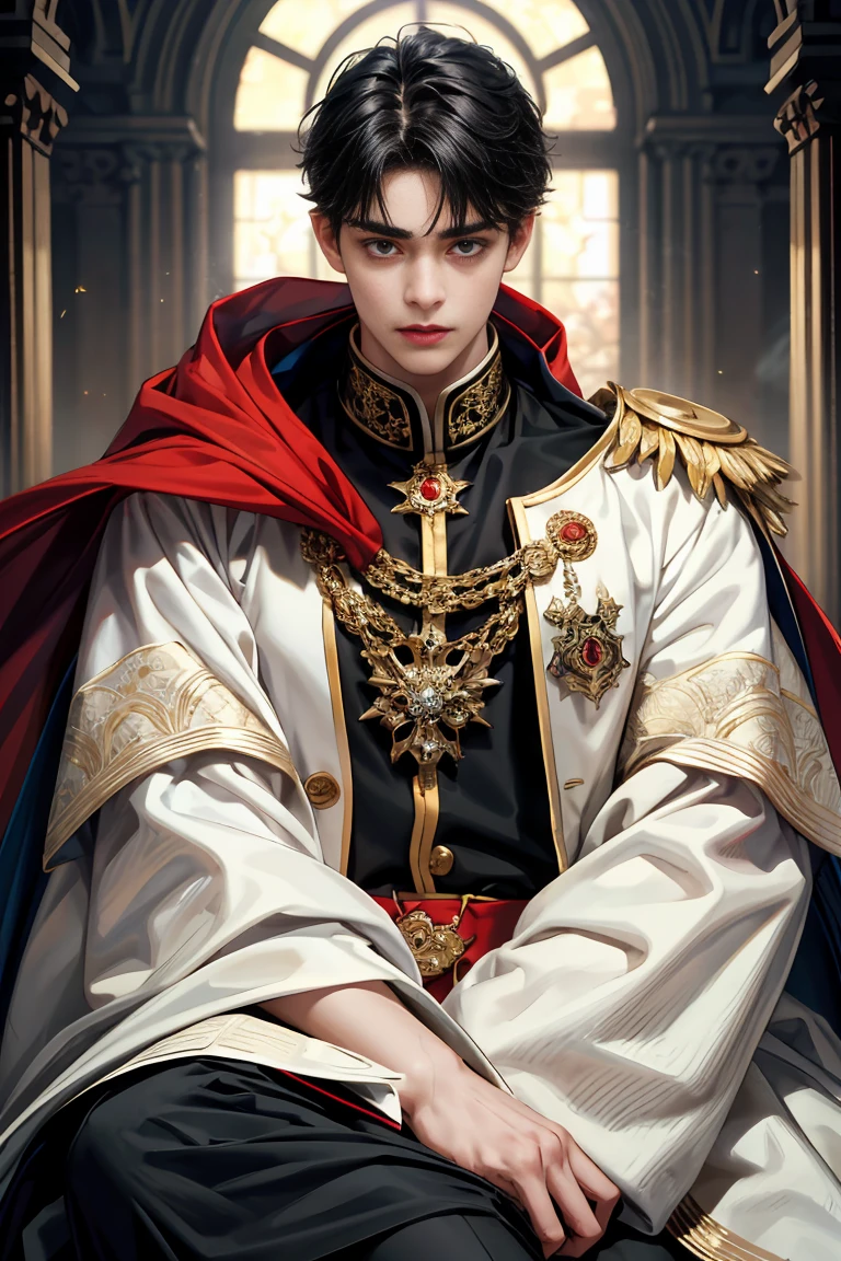 masterpiece, 最high quality, high quality, 1 boy, alone, male focus, looking at the viewer, Messy black hair, blue adorable big eyes, white people, Noble, Noble, beautiful angel、A very big, very big, very big, very long, long red and black cape made with a lot of fabric that reaches all the way down to the floor, 17 years old,cute beautiful boy,cute cute handsome boy