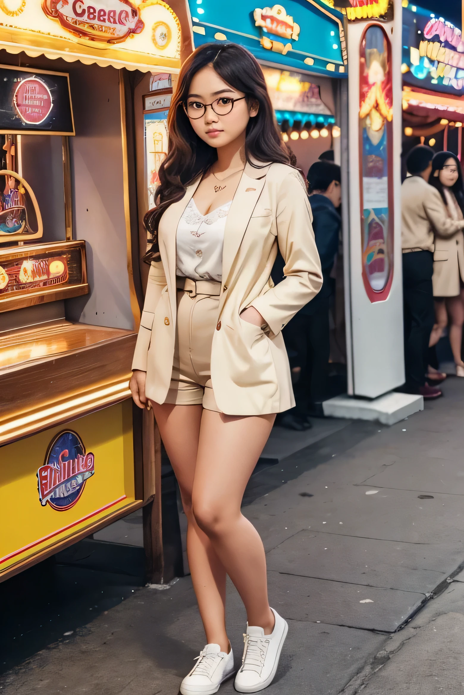 detailed face of full body photo. 25 year old Indonesian girl with a sweet face, big round face and long brown wavy hair, round glasses, wearing a cream blazer with a standing pose at a funfair
