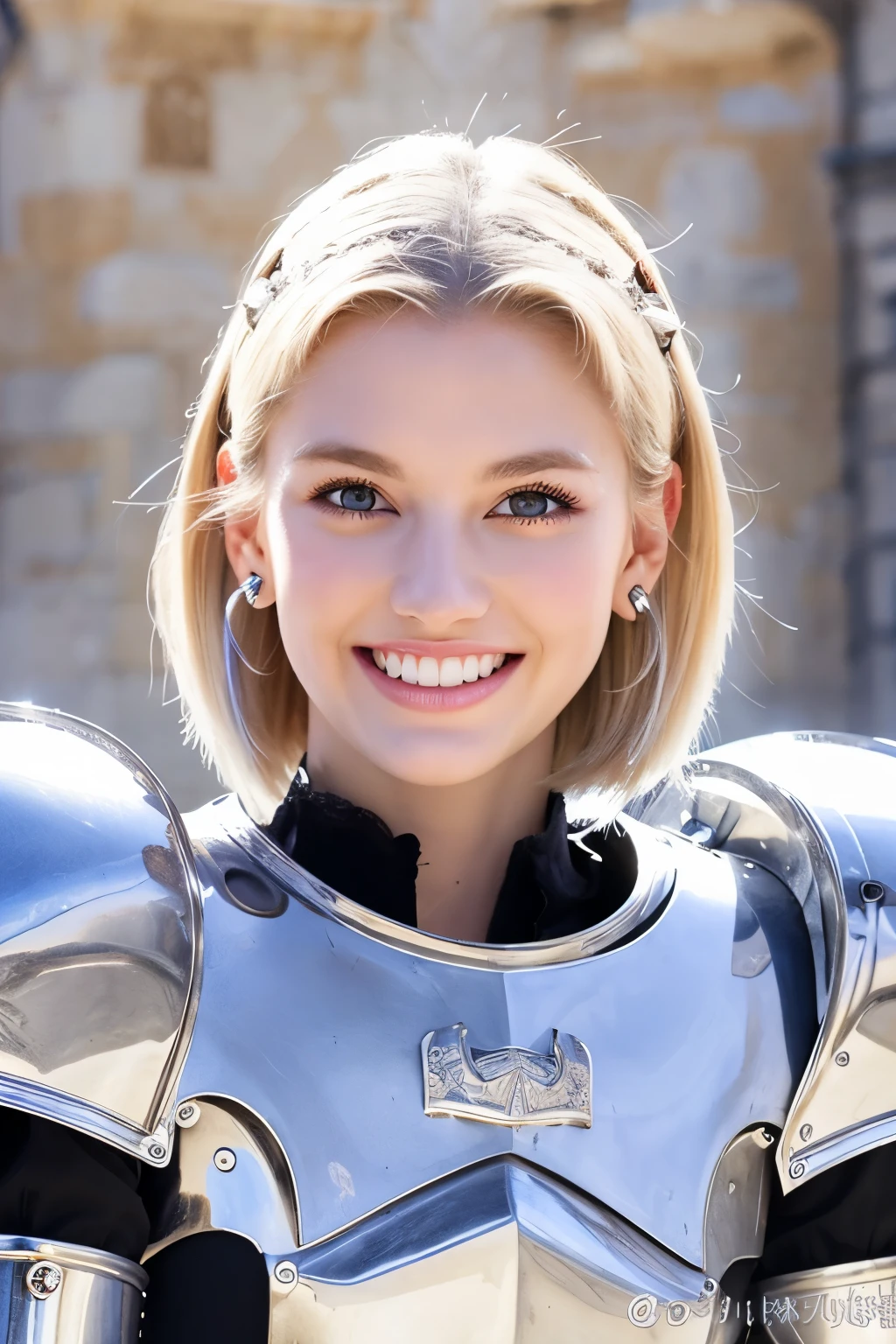 8K、highest quality、female knight、Luxurious Silver Armor、、hairstyle short cut、smile、Beautiful Teeth、Full body photo、ear piercing、blonde、White woman、blue eyes、Heavy makeup、The background is inside the castle